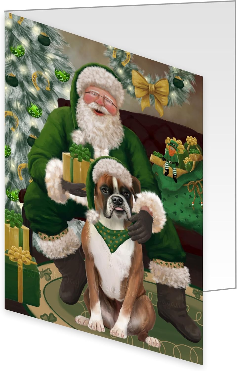 Doggie of the Day Christmas Irish Santa with Gift and Boxer Dog Note Cards - Adorable Pets Invitation Cards with Envelopes - Pet Artwork Christmas Note Cards GCD75803 (10 Greeting Cards)