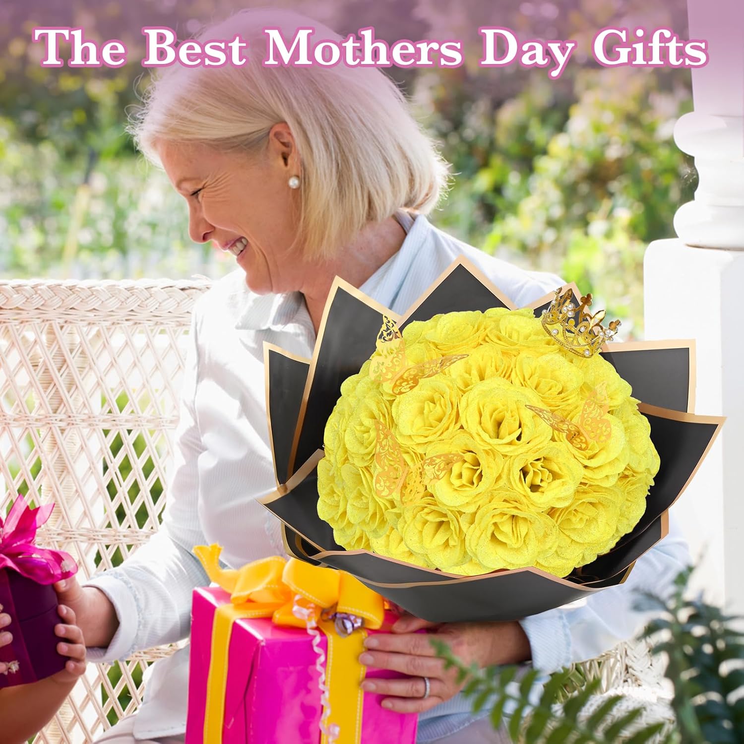 Waipfaru Yellow Glitter Roses Bouquet, DIY Flowers Bouquet, Birthday Gifts for Women Mom Grandma Wife Girlfriend, 24 Pcs Fake Rose for Valentines, Mothers Day, Anniversary, Graduation Gifts - Image 4