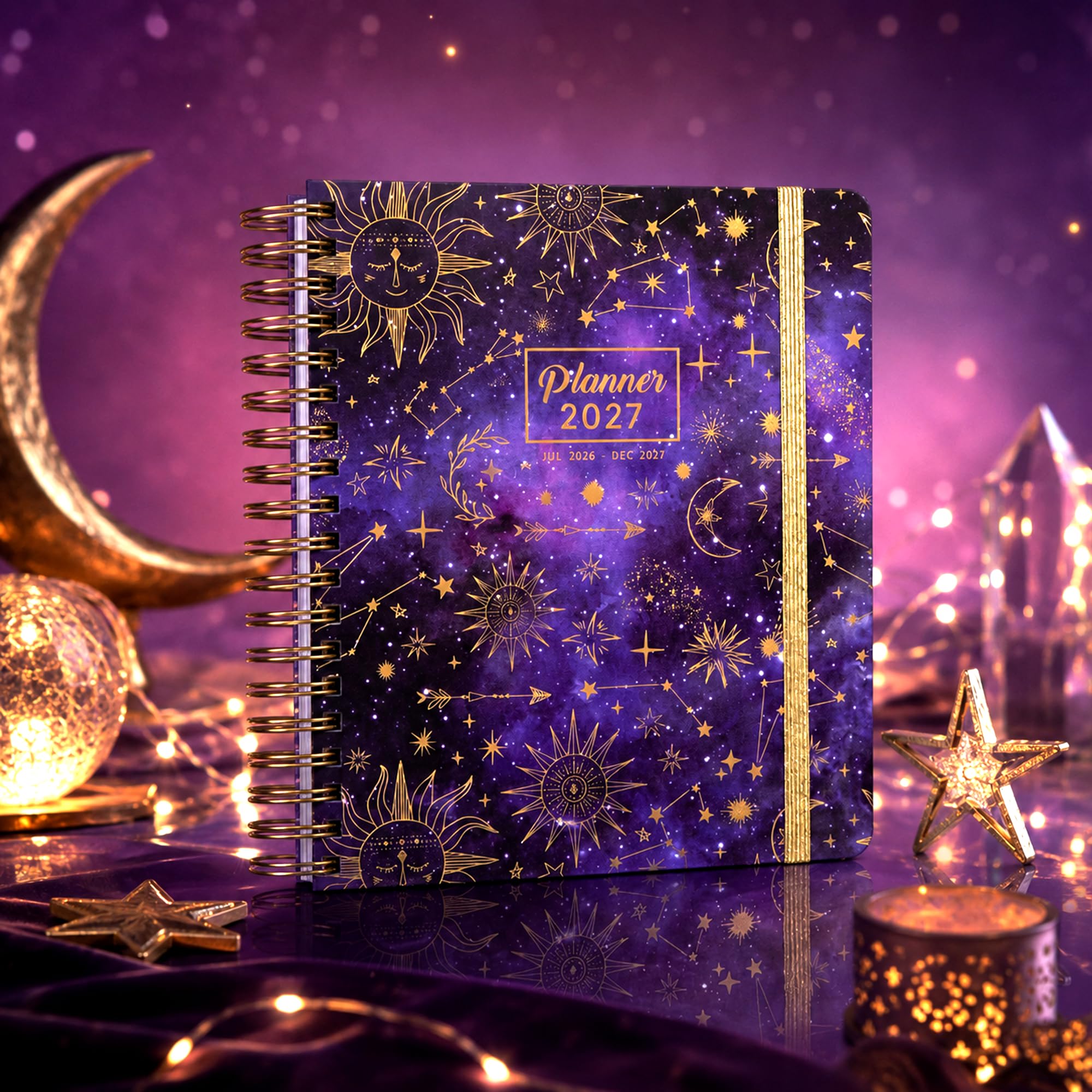 CAGIE Agenda 2026-2027, 18 mesi, luglio 2026-dicembre 2027, calendario settimanale e mensile, con copertina rigida, 26-27, da donna, con linguette adesive, rilegatura a spirale, viola, 20,3 x 22,9 cm