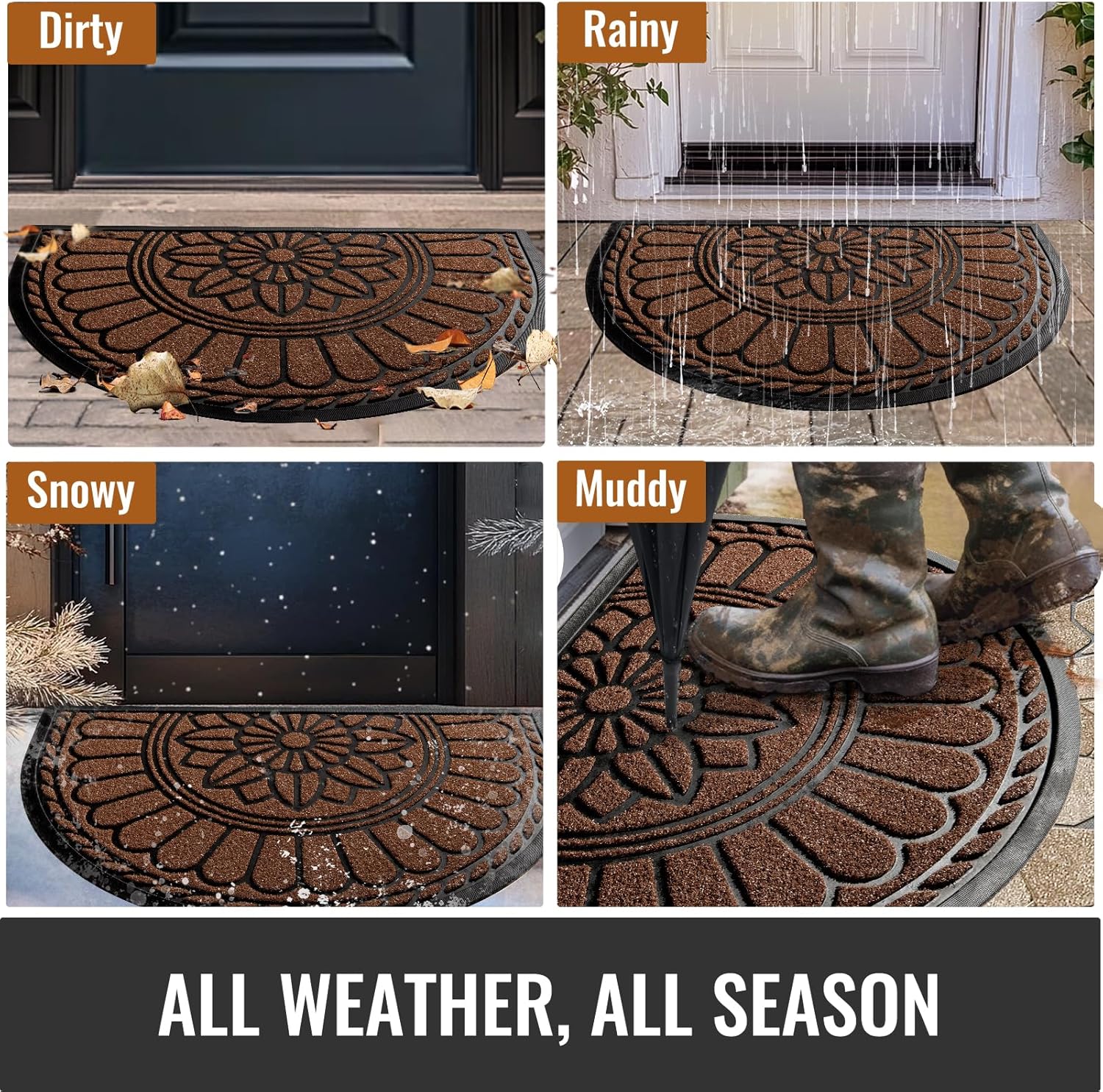 Mibao Front Door Mat Indoor Outdoor Entrance, Semicircular Entrance Mat, Half Round Waterproo Non-Slip Durable Rubber Door Mats, Low Profile Heavy Duty Doormat for Garage, Patio, 30" x 18", Coffee
