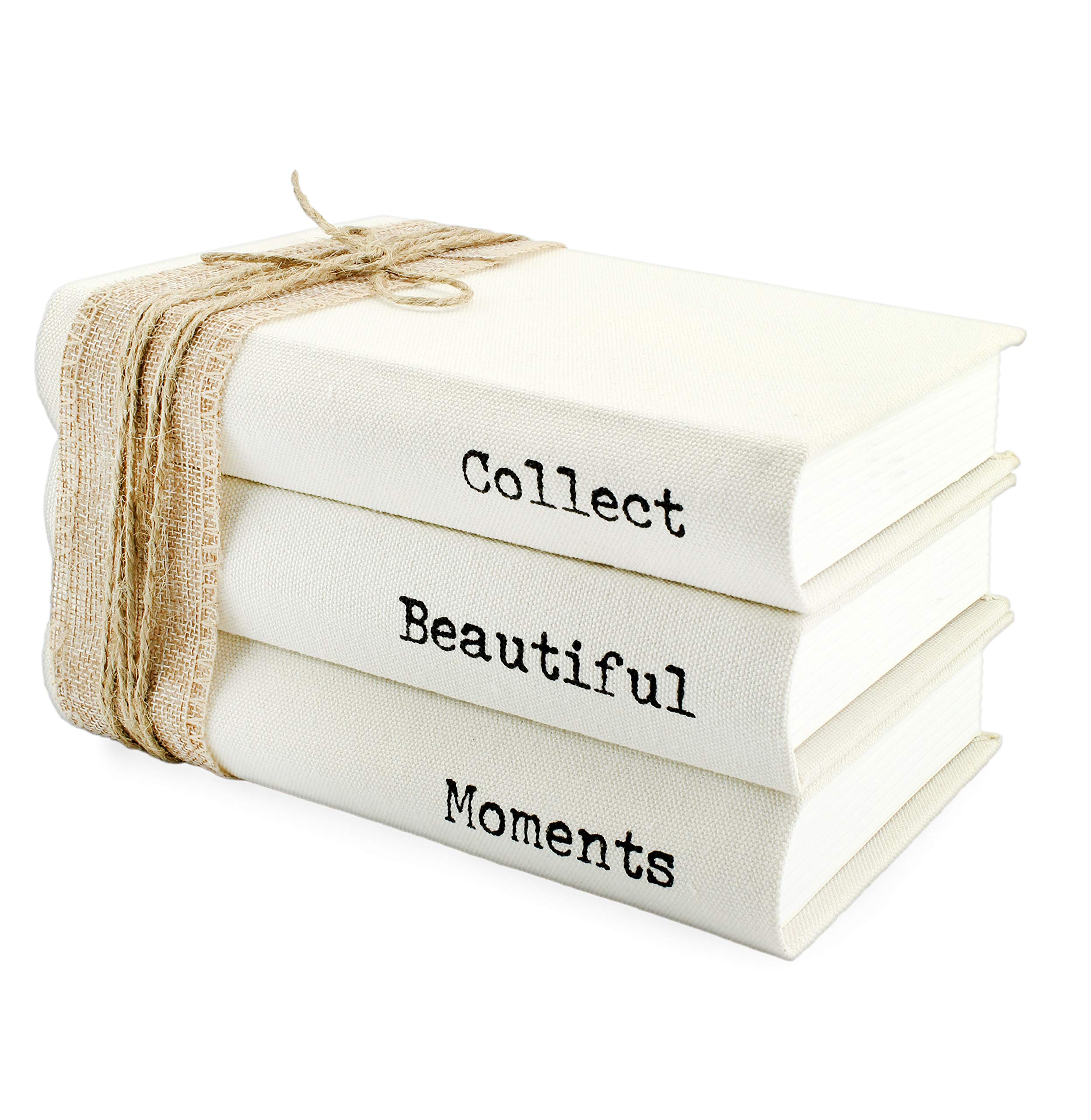 AuldHome DesignFaux Book Stack: Collect Beautiful Moments Decorative Book Set with Burlap Ribbon Wrap