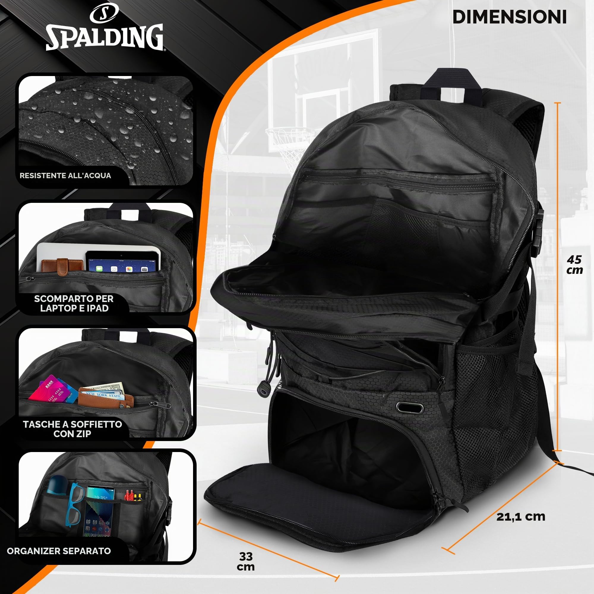 Spalding Zaino sportivo da basket | Grande zaino nero con scomparto per scarpe e palline | Regali per giocatori di basket