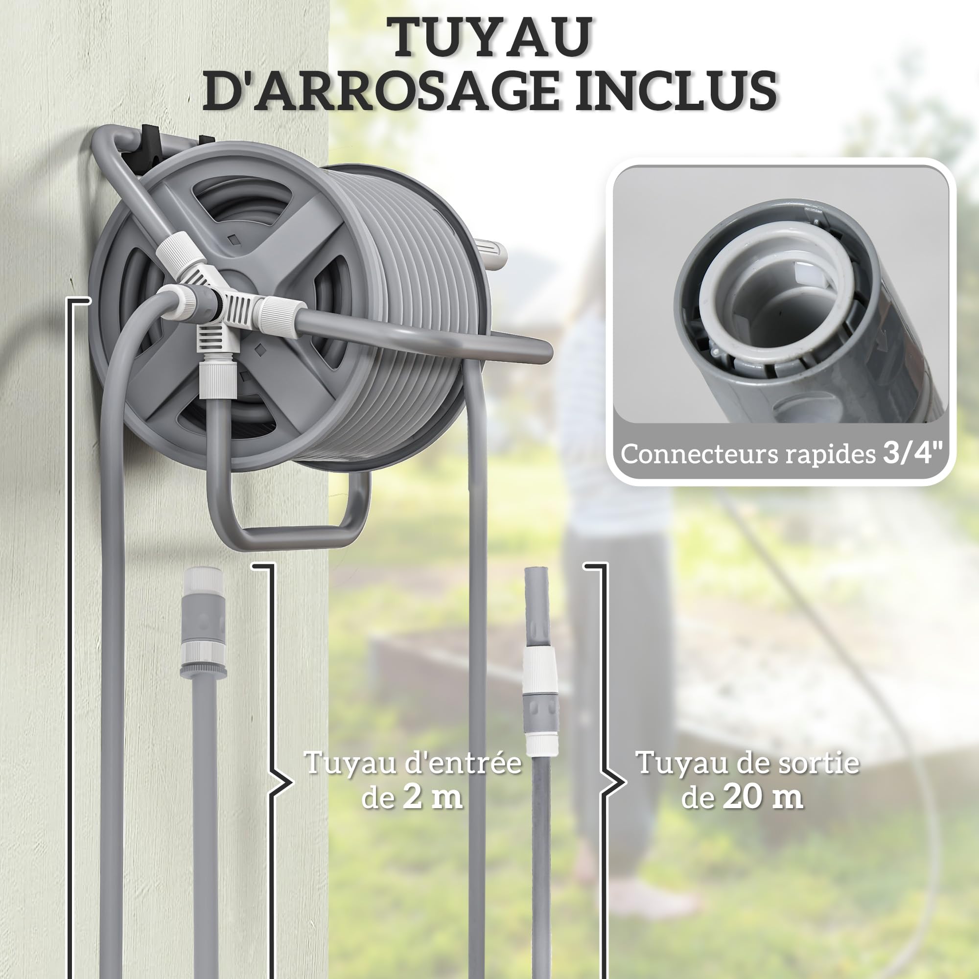 Outsunny Avvolgitubo da giardino con 20 m e tubo di ingresso da 2 m, da appoggiare o fissare a parete, ugello di spruzzatura regolabile 2 in 1