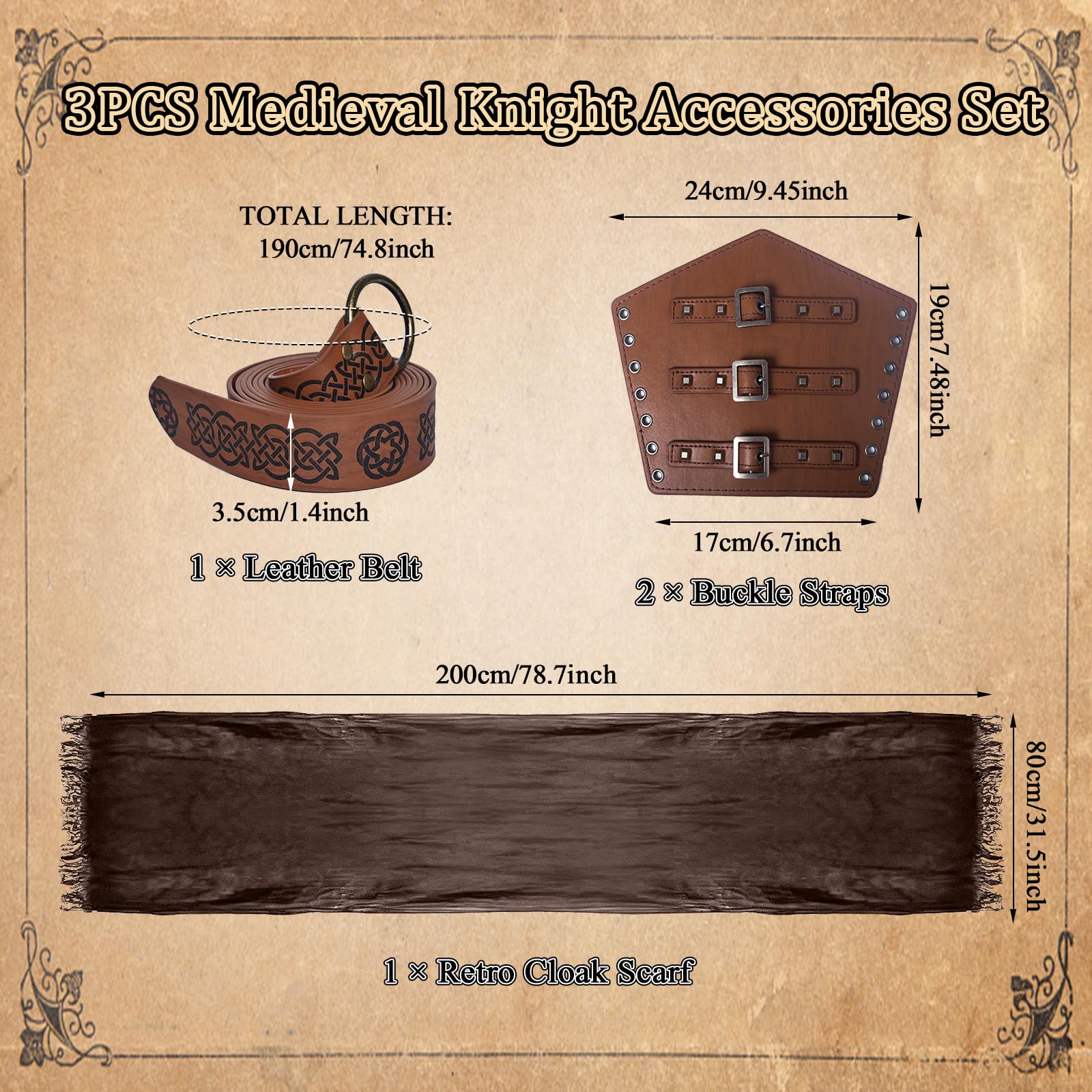 JDFAIJEAL Medieval Viking Style Accessories Set - Renaissance Knight Kit, Brown - Image 3