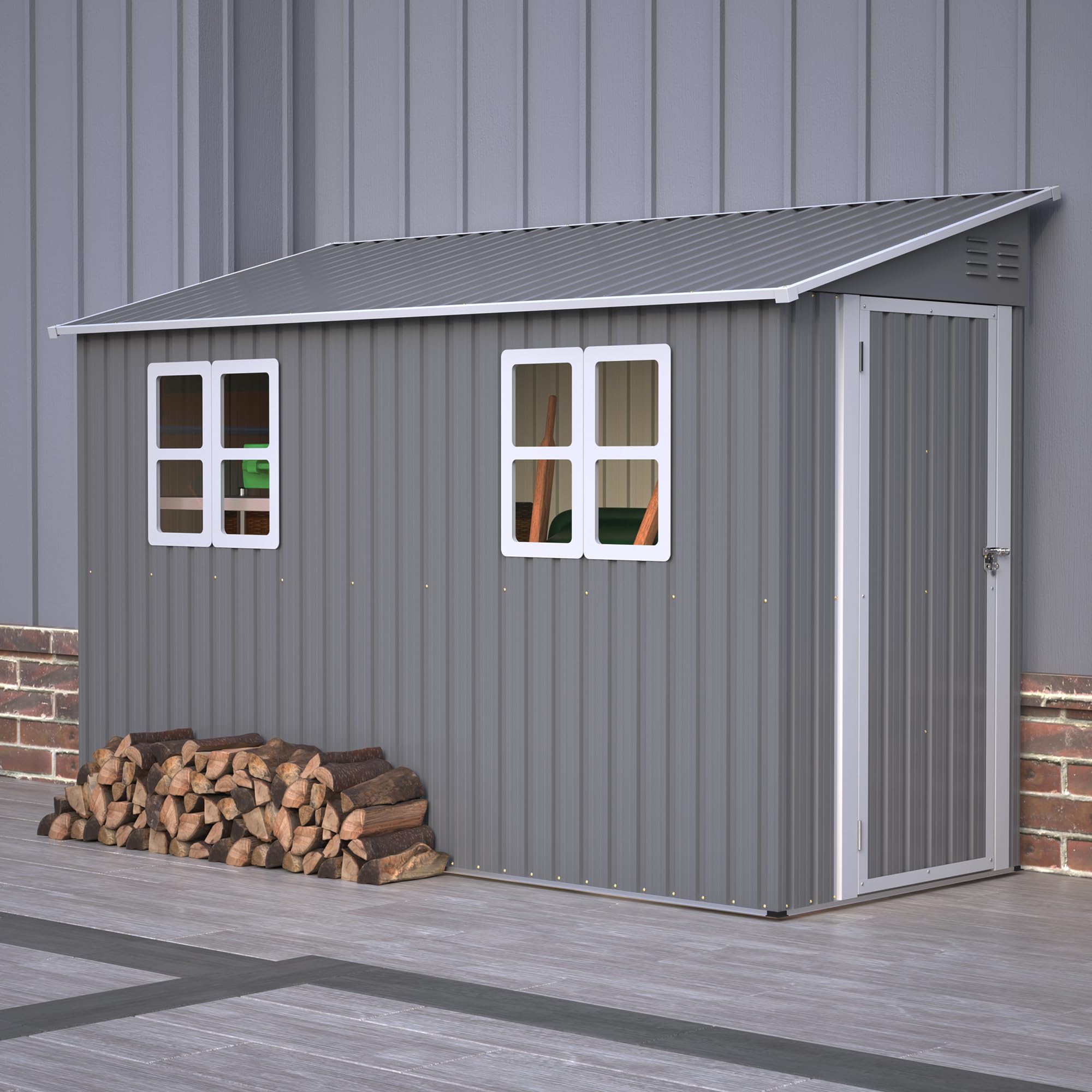 Abri de Jardin Métallique en Acier Galvanisé 291x123,6x188,6 cm - Cabane de Jardin avec Double Porte et Fenêtre - Résistant aux Intempéries et Antirouille pour Rangement Extérieur (Gris)