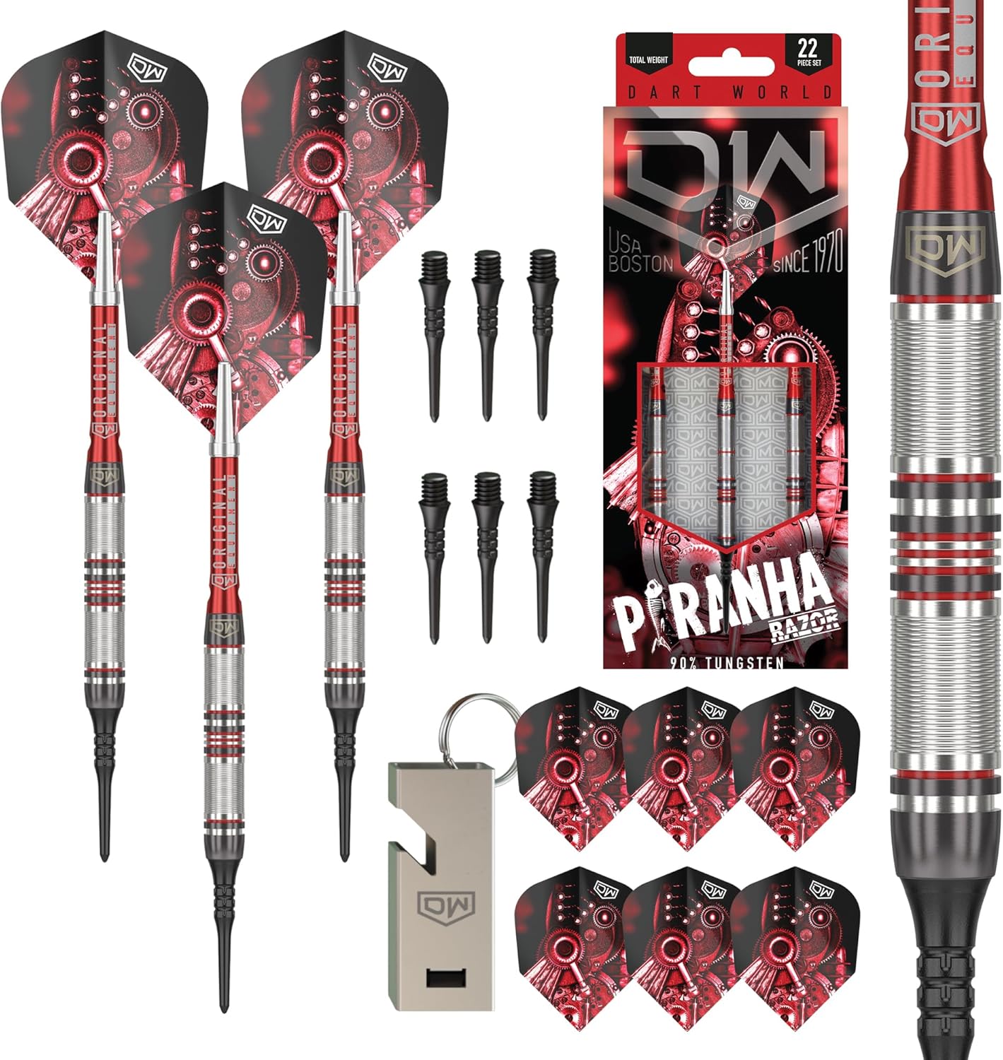 DW Piranha Razor 90% Tungsten Soft Tip Darts, Precision Balanced, Accurate and Durable - Perfect for Professional and Recreational Players (01, 16G), Silver