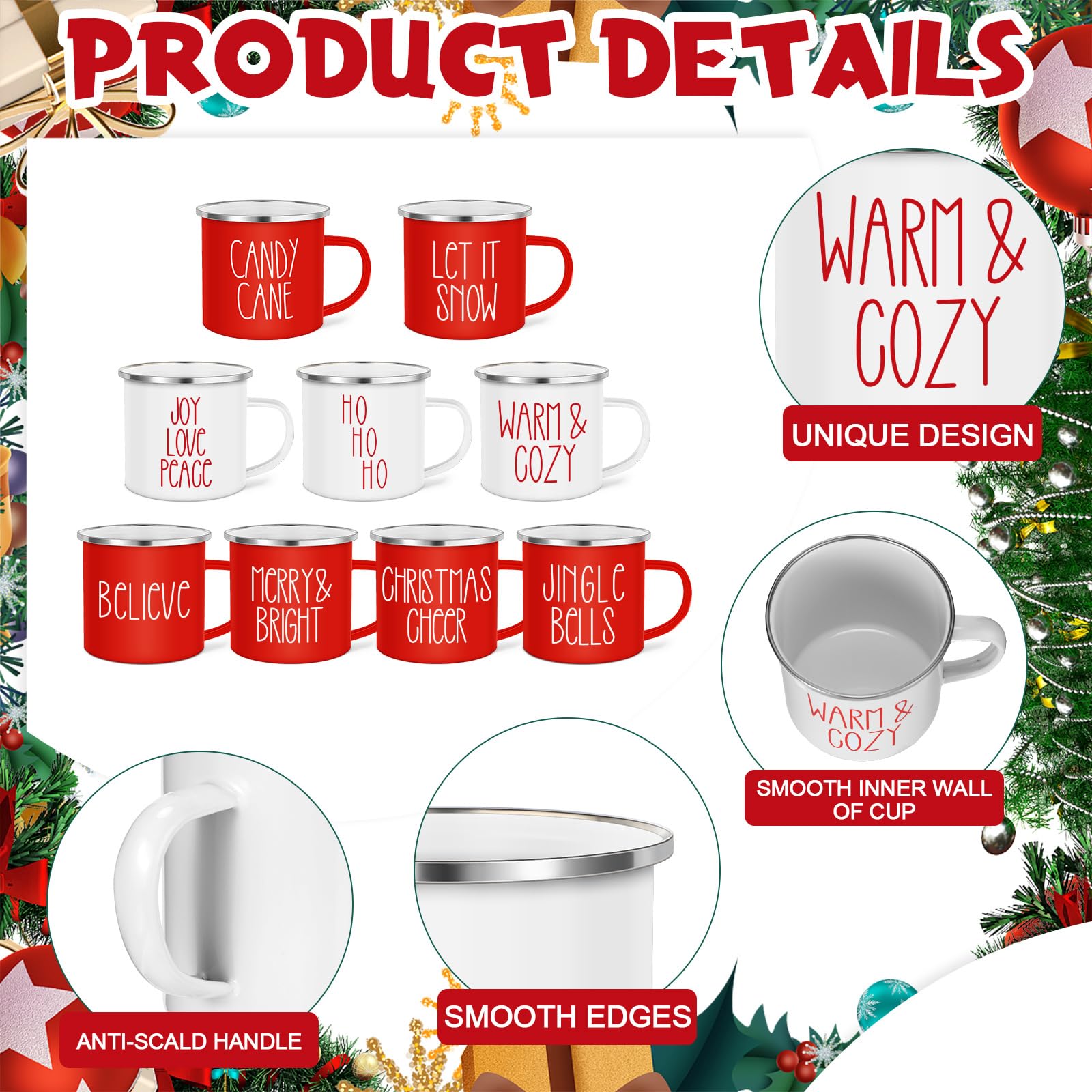 Sieral Taza de café esmaltada de Navidad, tazas de café de invierno con citas, tazas de Navidad de temporada de 12 onzas, tazas de Navidad blancas y rojas, tazas de café divertidas para mujeres,