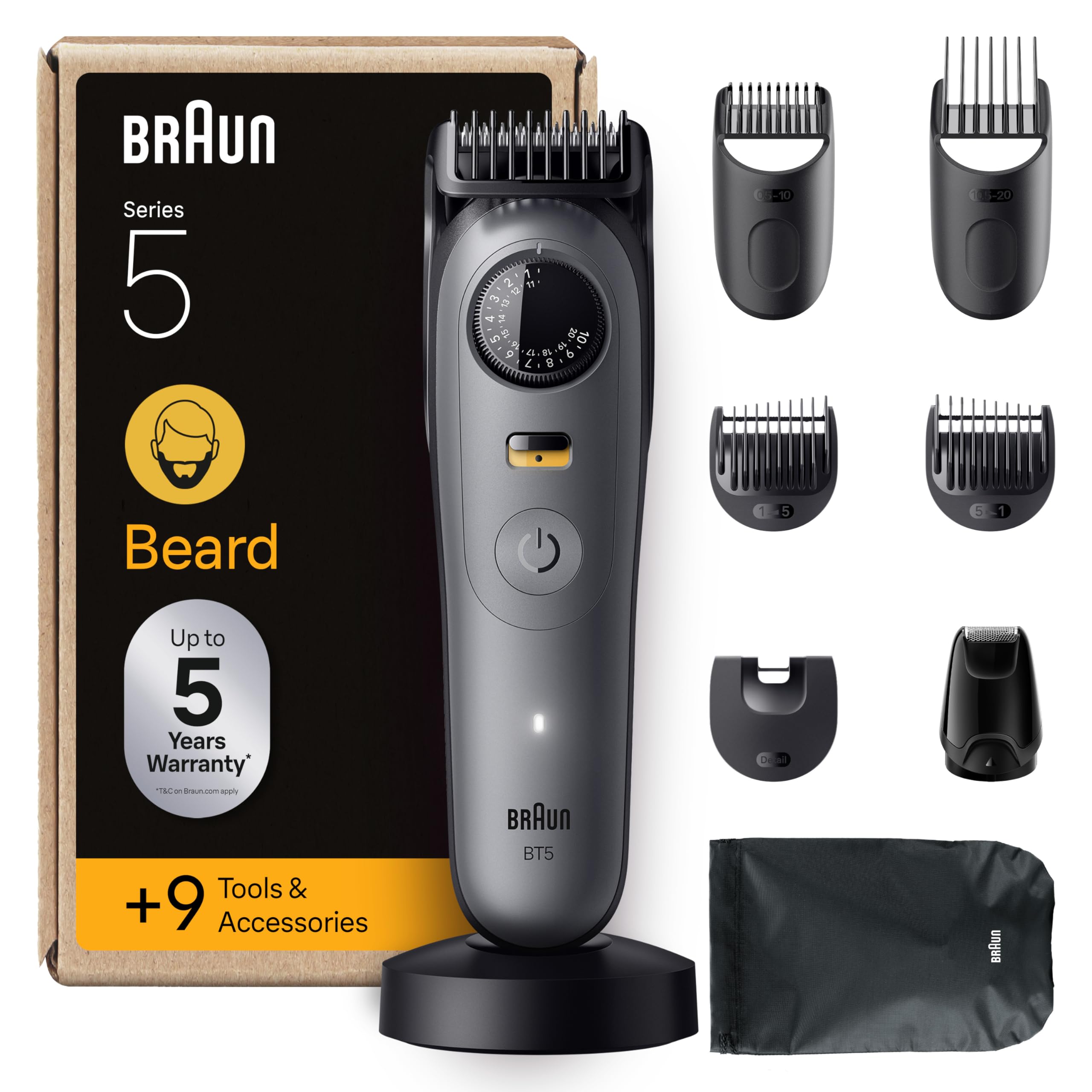 Braun Barttrimmer Series 5, Elektrischer Bartschneider Herren mit 9 Zubehörteile, Ultrascharfe ProBlade Klinge, 120 Min Akkulaufzeit, Kabelloser Bartrasierer, 40 Längen, Wasserdicht, BT5565, Grau