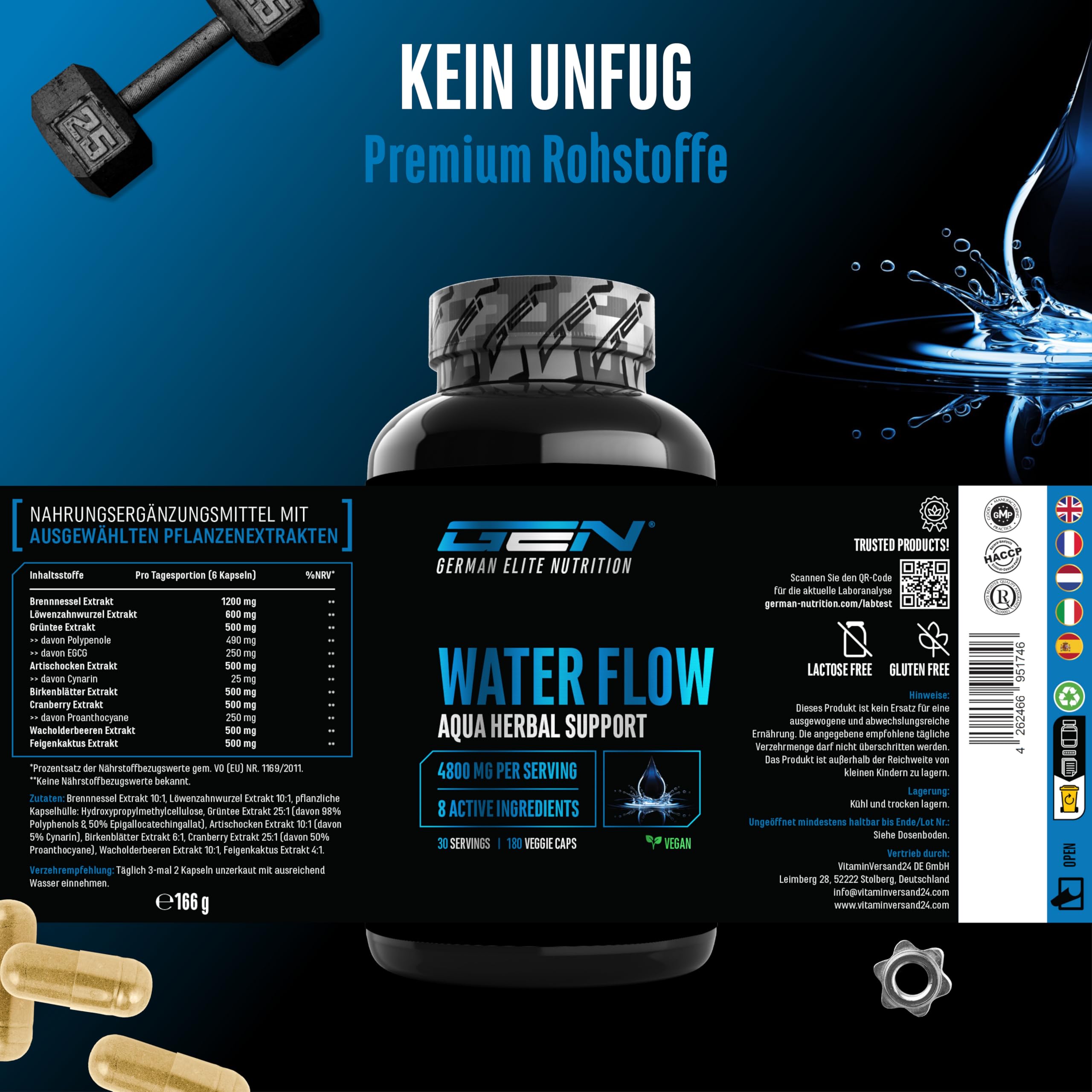 GEN GERMAN ELITE NUTRITION Water Flow Komplex - 180 Kapseln - vegan | mit 8 Pflanzenextrakten, mit Brennnessel, Löwenzahn, Grüntee, Cranberry & Artischocke, vegan & hochdosiert