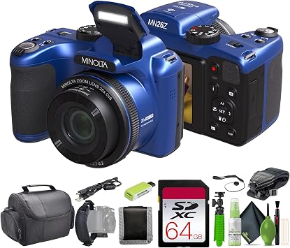 Minolta MN26Z 20 Mega Pixels 26x Optical Zoom Digital Camera with 1080p FHD Video Bundle with 32 GB Memory Card + Vlogging Tripod + Cleaning kit + More Accessories - Blue