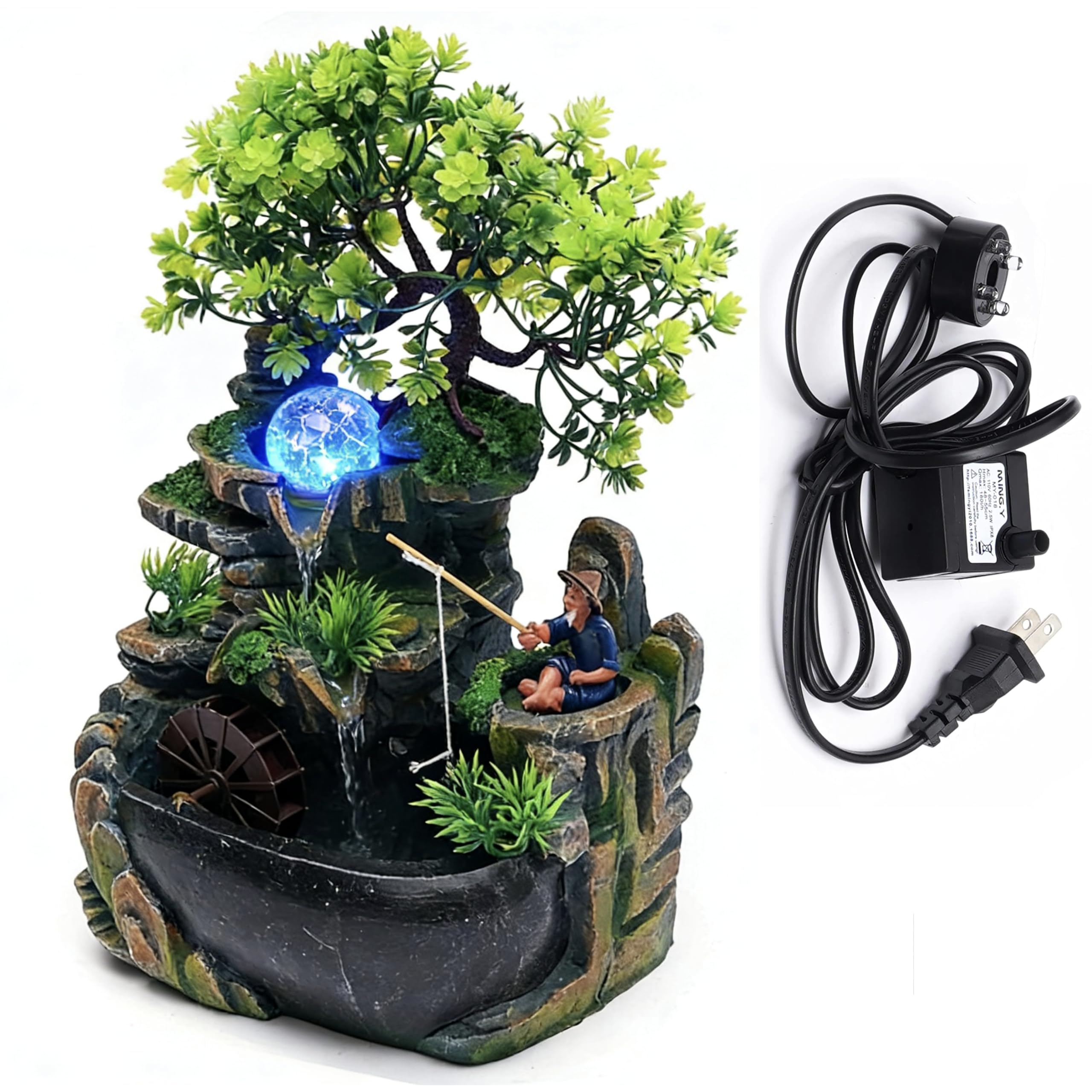11.81" Tabletop Waterfall Bonsai Desktop Rockery Fountain Indoor Mini Rockery Water Fountain with Automatic Pump and LED Light, Home Office Bedroom Humidifier Desk Decorate