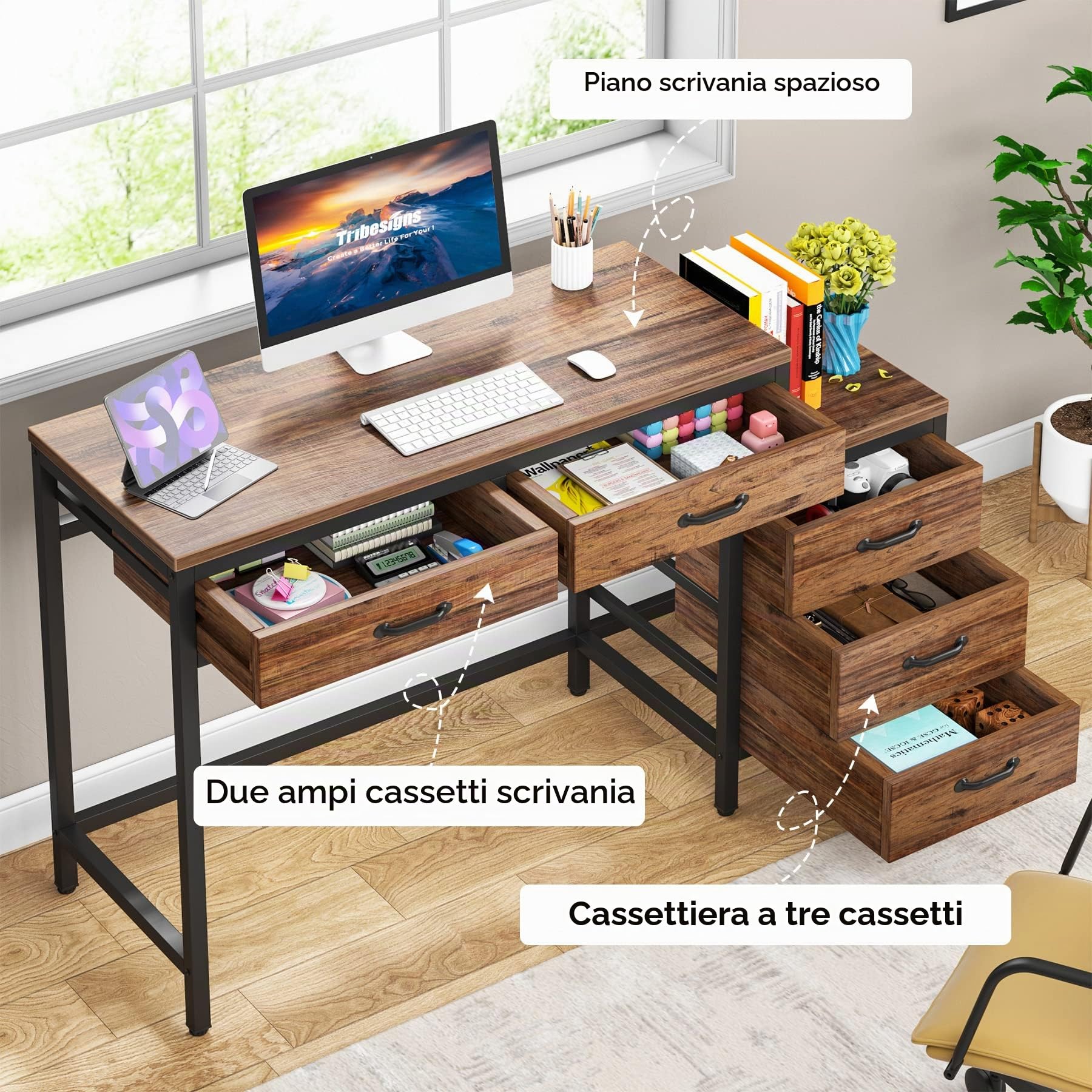 Tribesigns Scrivania per Computer, Tavolo da ufficio con 5 cassetti per Studenti,Scrivania per scrittura di studio per la casa con cassettiera reversibile,Tavolo per Laptop con Ripiani(130x45x82cm)