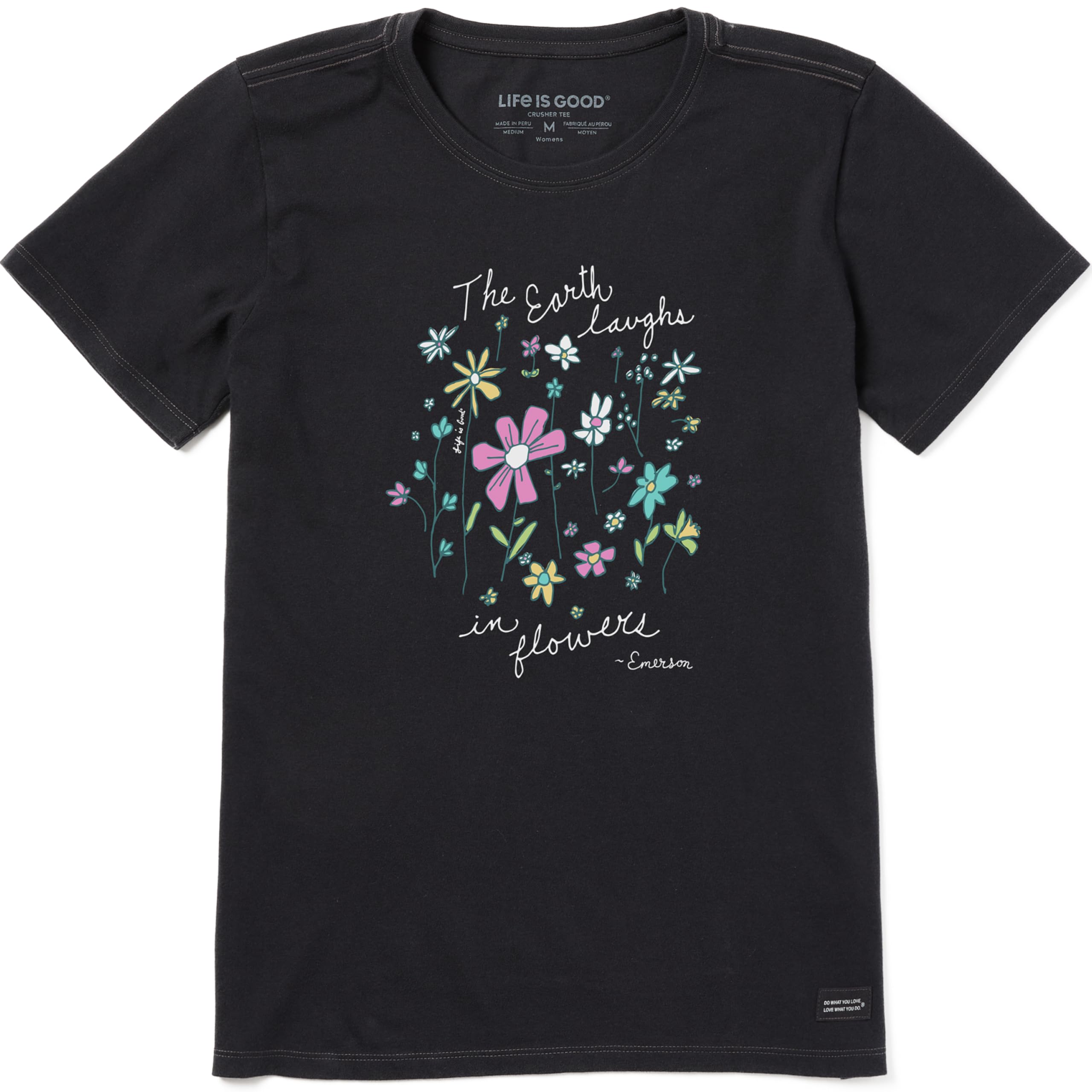 Life Is Good Women's Standard Crusher T, Short Sleeve Cotton Graphic Tee Shirt, Earth Laughs in Wildflowers, Jet Black