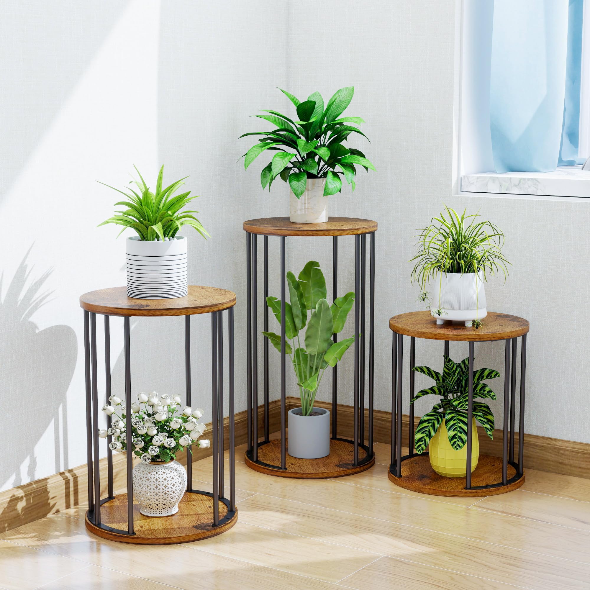 HDANI 3er-Set Rund Pflanzenständer Metall 35/45/55cm,Solider und Robuster Blumenständer für Wohnzimmer, Garten,Balkon, Blumenhocker Holzfür,Vintagebraun-Schwarz