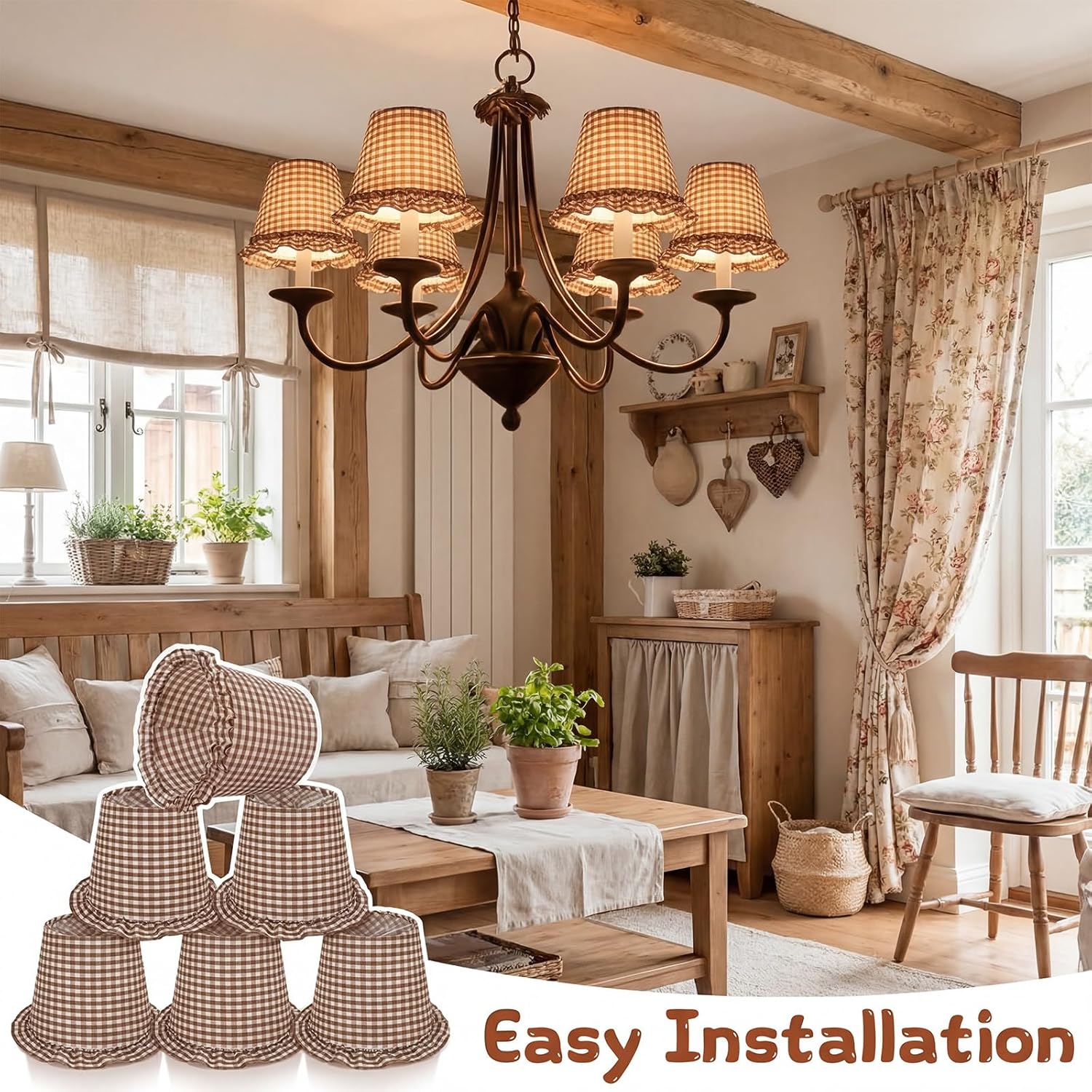 Gerrii 6 Pack Ruffle Gingham Lamp Shades Set 6'' x 5.1'' Chandelier Lamp Shade Farmhouse Rustic Gingham Clip Chandelier Light Cover for Home Decor Candelabra Bulbs(Brown)