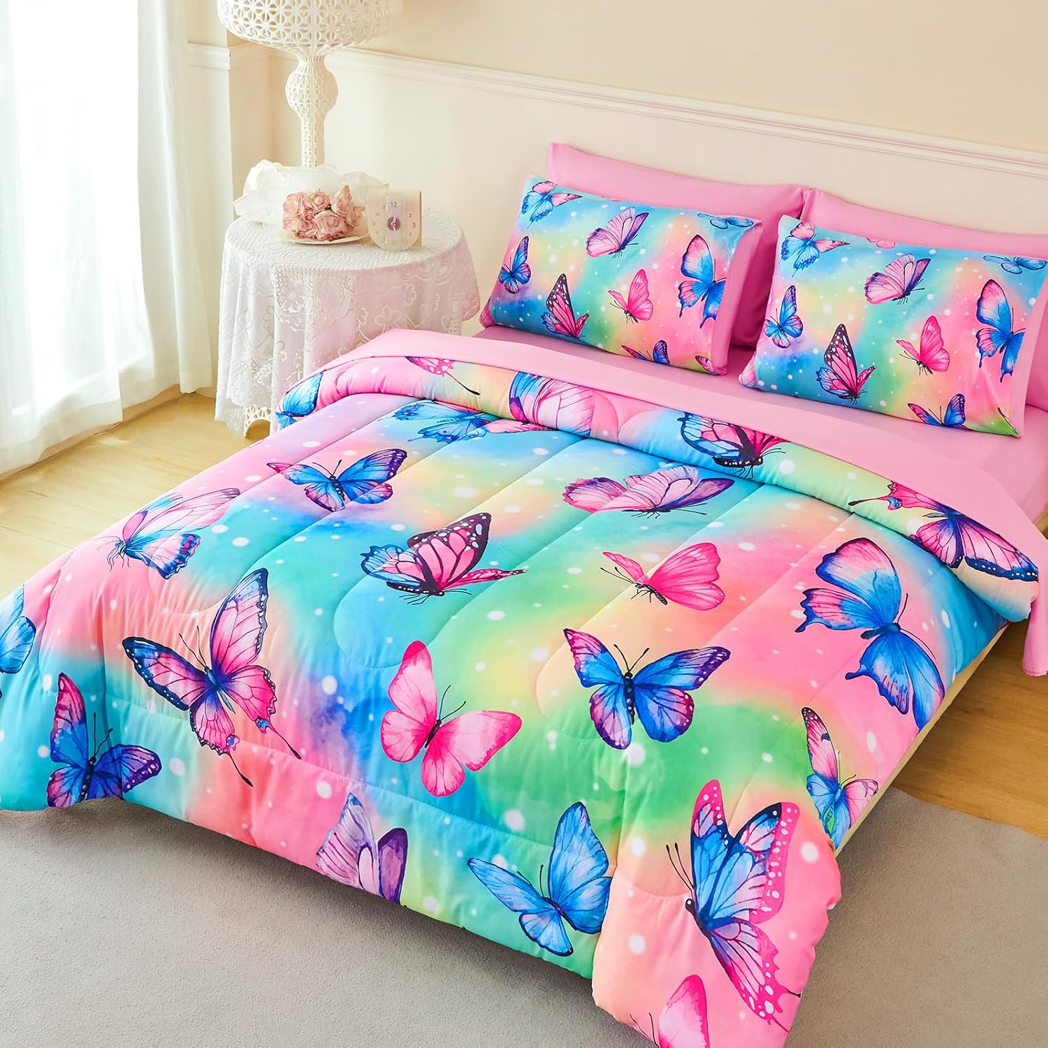 7 Pcs Girls Bedding Set Full Size, PinkButterfly Comforter Set Full Pink Bedding Set for Girls