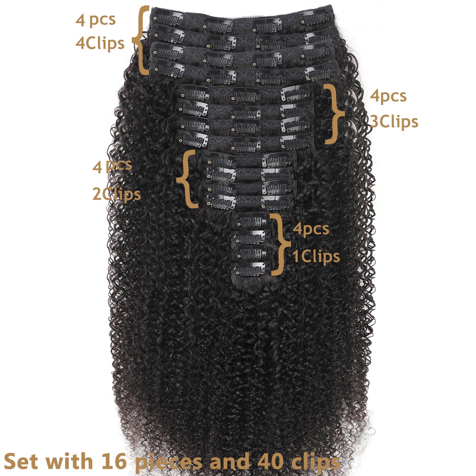 Kinky-Curly Clip in Extensions Echthaar 240g-16pc Invisible Perücke Extensions für Schwarze Frauen - Natürliche Schwarze Human Hair 12inch+14inch