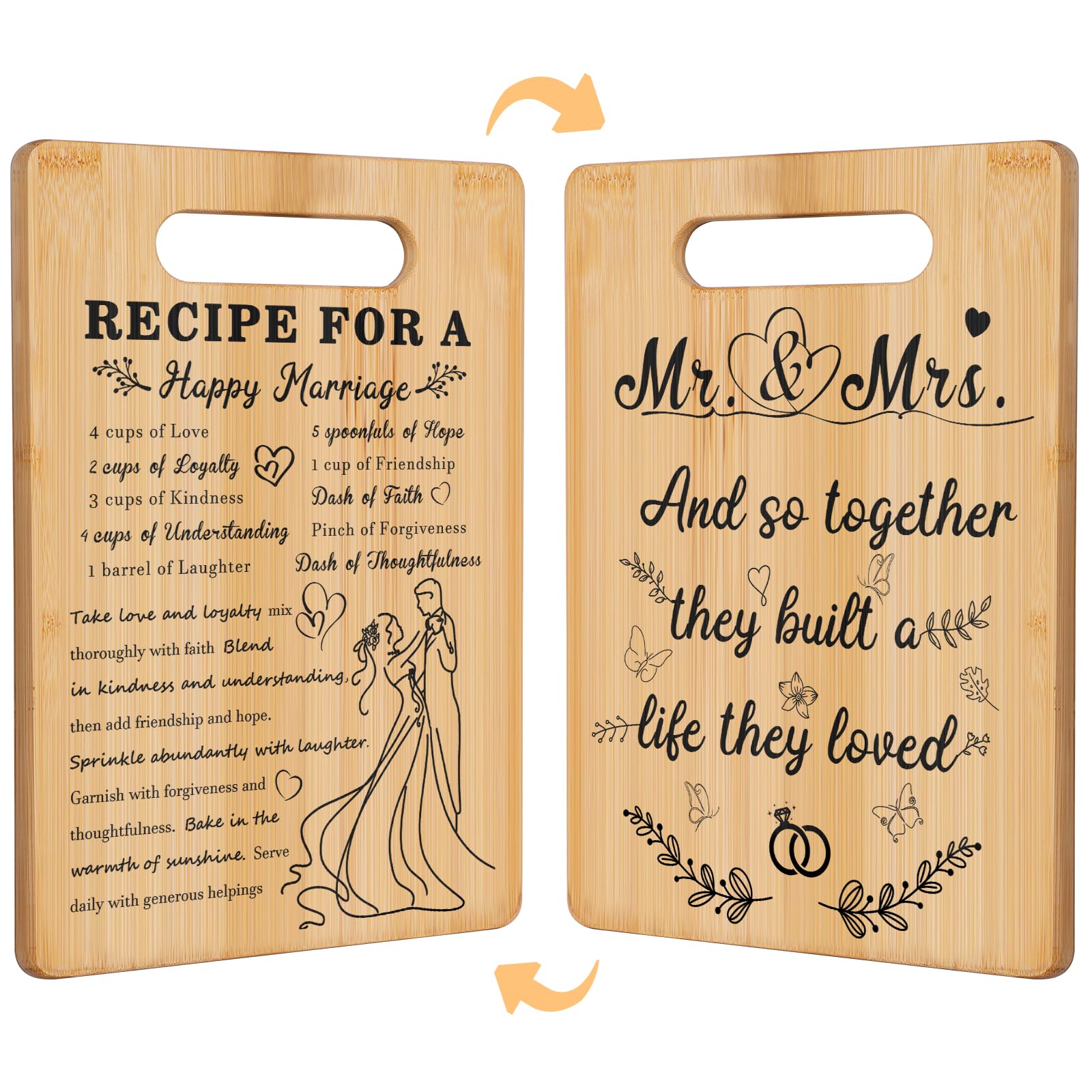 Wedding Gift for Couple,Bridal Shower Gifts for Bride Groom,Happy Marriage&Mr and Mrs Double Sided Engraving Cutting Board present for Newlyeds Newly