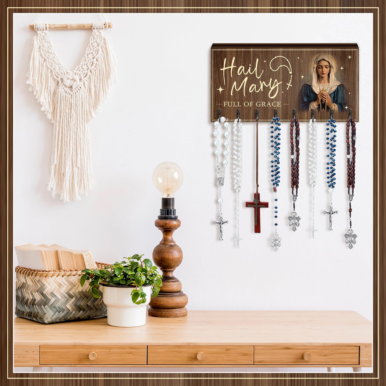 Colingmill Soporte grande de madera para rosario montado en la pared con 8 perchas, organizador de almacenamiento de rosario católico, soporte decorativo para collares, pulseras, almacenamiento de