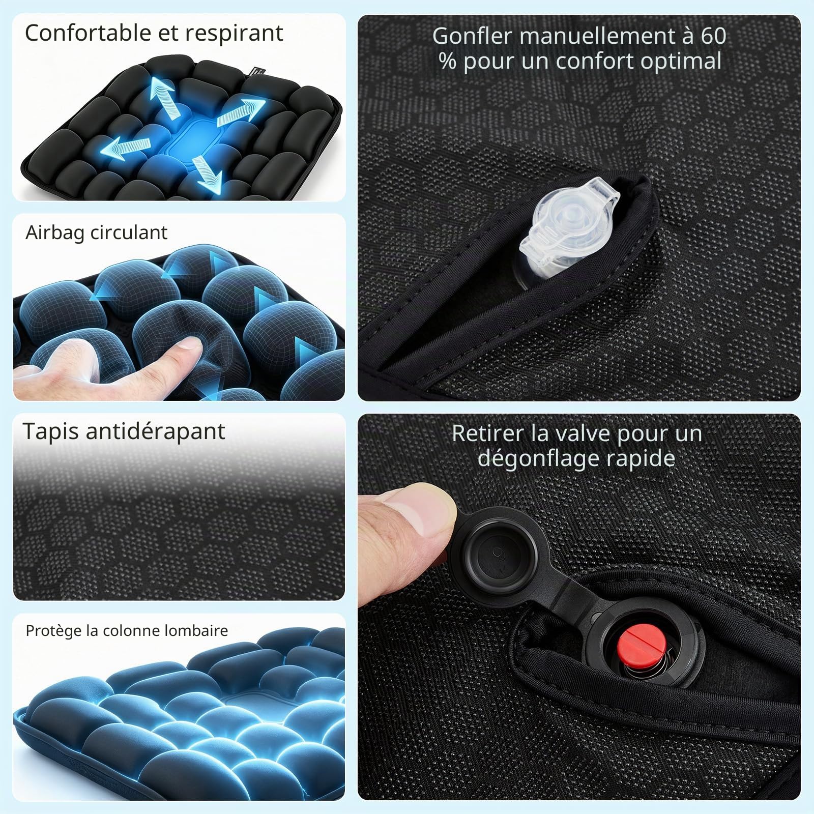 3D Coussin Antiescarres Gonflable – Coussin Coccyx Ergonomique pour Soulager Douleurs Dorsales & Hémorroïdes – Siège Auto Gonflable pour Bureau, Fauteuil Roulant, Voyage – Noir (45x40cm)
