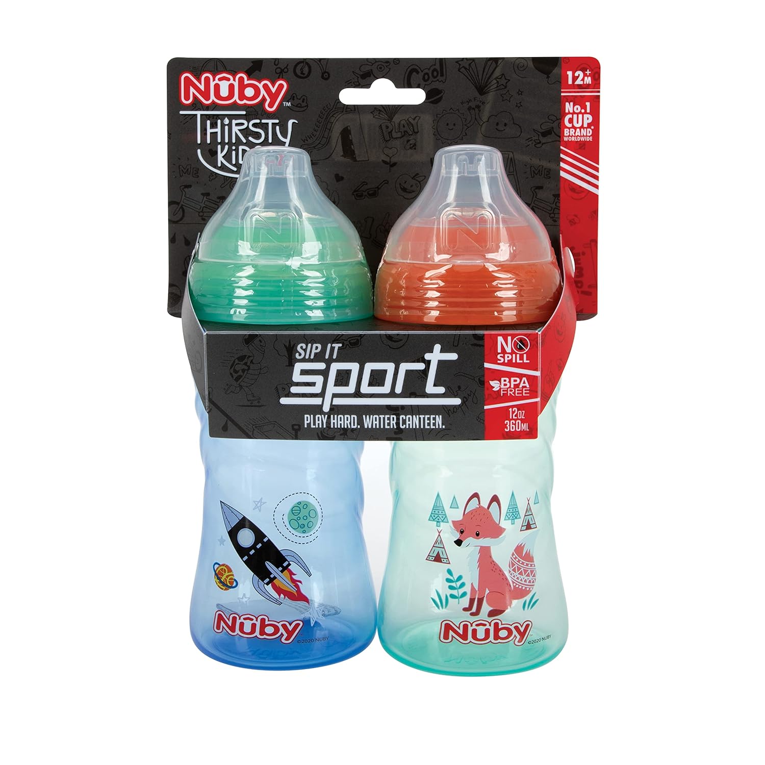 Nuby 2 Pack No Spill Printed Thirsty Kids No-Spill Sip-it Sport Cup with Soft Spout and Lid - 12oz, 12+ Months, 2-Pack, Print May Vary