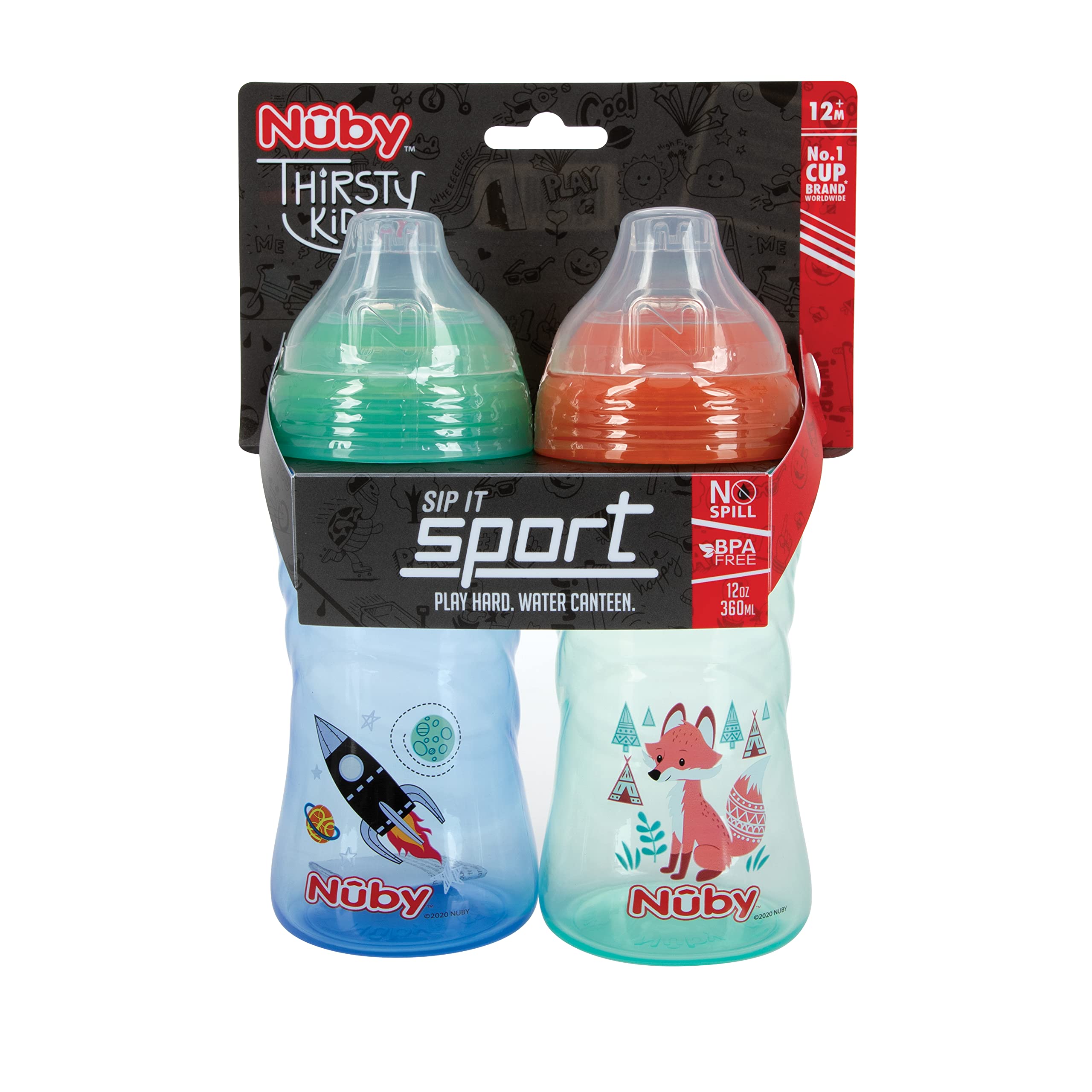Nuby Paquete de 2 vasos deportivos sin derrames con boquilla suave y tapa, 12 onzas, más de 12 meses, 2 unidades, la impresión puede variar