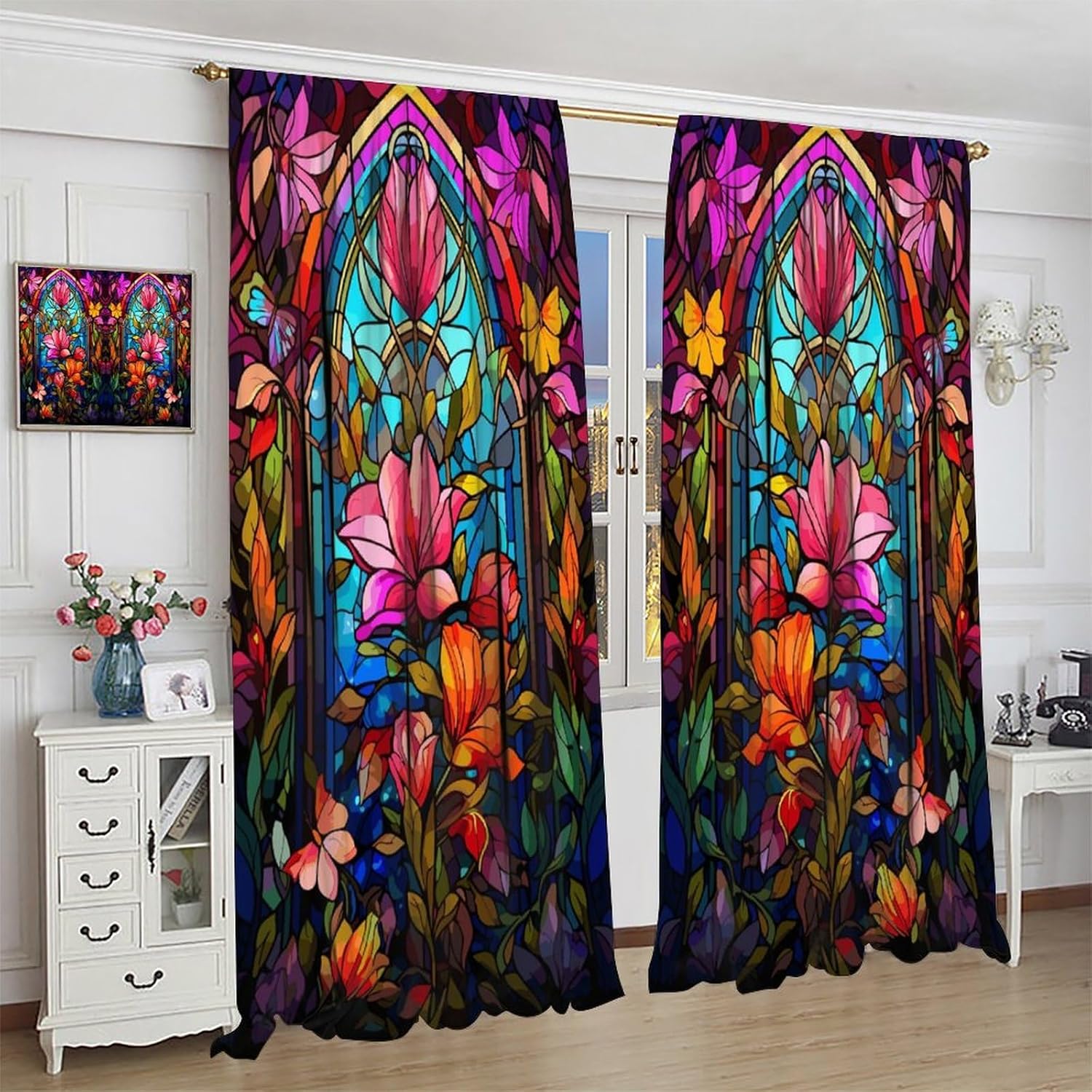 Vintage Stained Glass Curtains, Baroque Abstract Exotic Mid Century Lush Floral Fractal Geometric, Thermal Insulation Blackout Rod Pocket Window Treatments for Living Room Bedroom Bathroom 42x63in