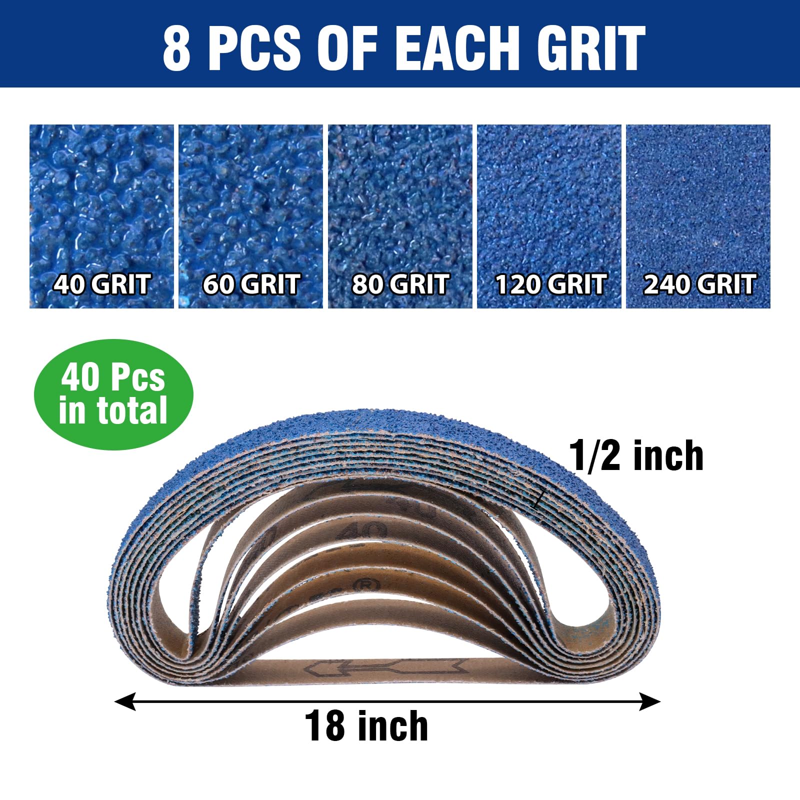 Lot de 40 bandes abrasives en oxyde de zirconium de 1,27 cm x 45,7 cm, pour ponceuse à bande pneumatique, 8 bandes abrasives de grain 40/60/80/120/240 pour le travail du bois, le polissage des métaux,