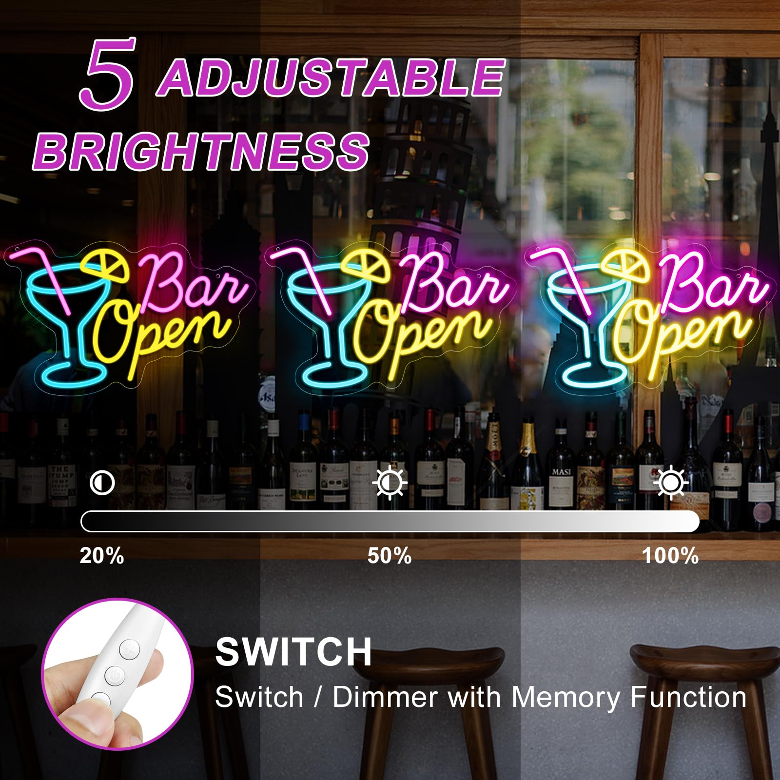 inShareplus Cocktail Neon Bar Sign, Dimmable Bar Open Sign for Wall Decor USB Powered LED Neon Light for Pub Club, Party - Image 3