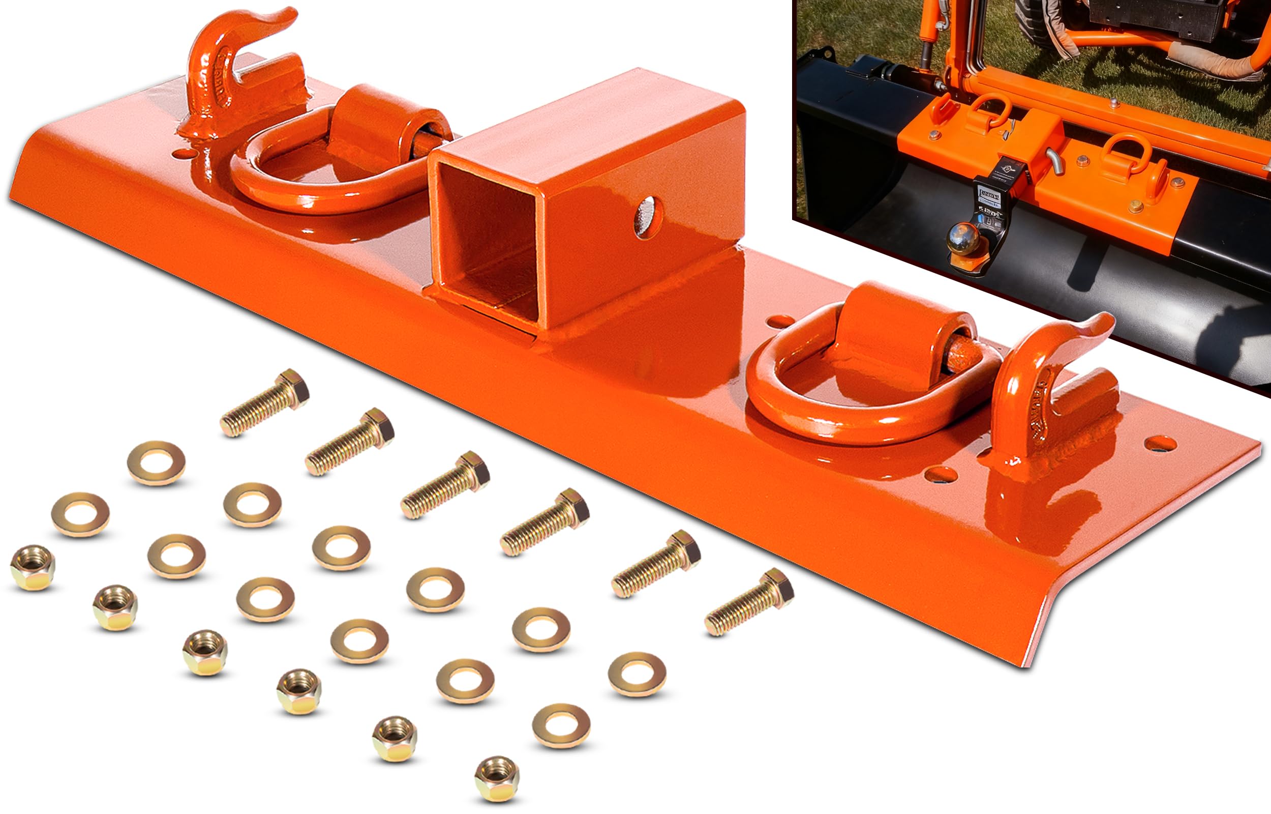 Bonbo Tractor Grab Hooks Compatible with Kubota Tractors - Bolted on Compact Tractor Bucket Grab Hooks with D Rings and 2" Receiver, Orange