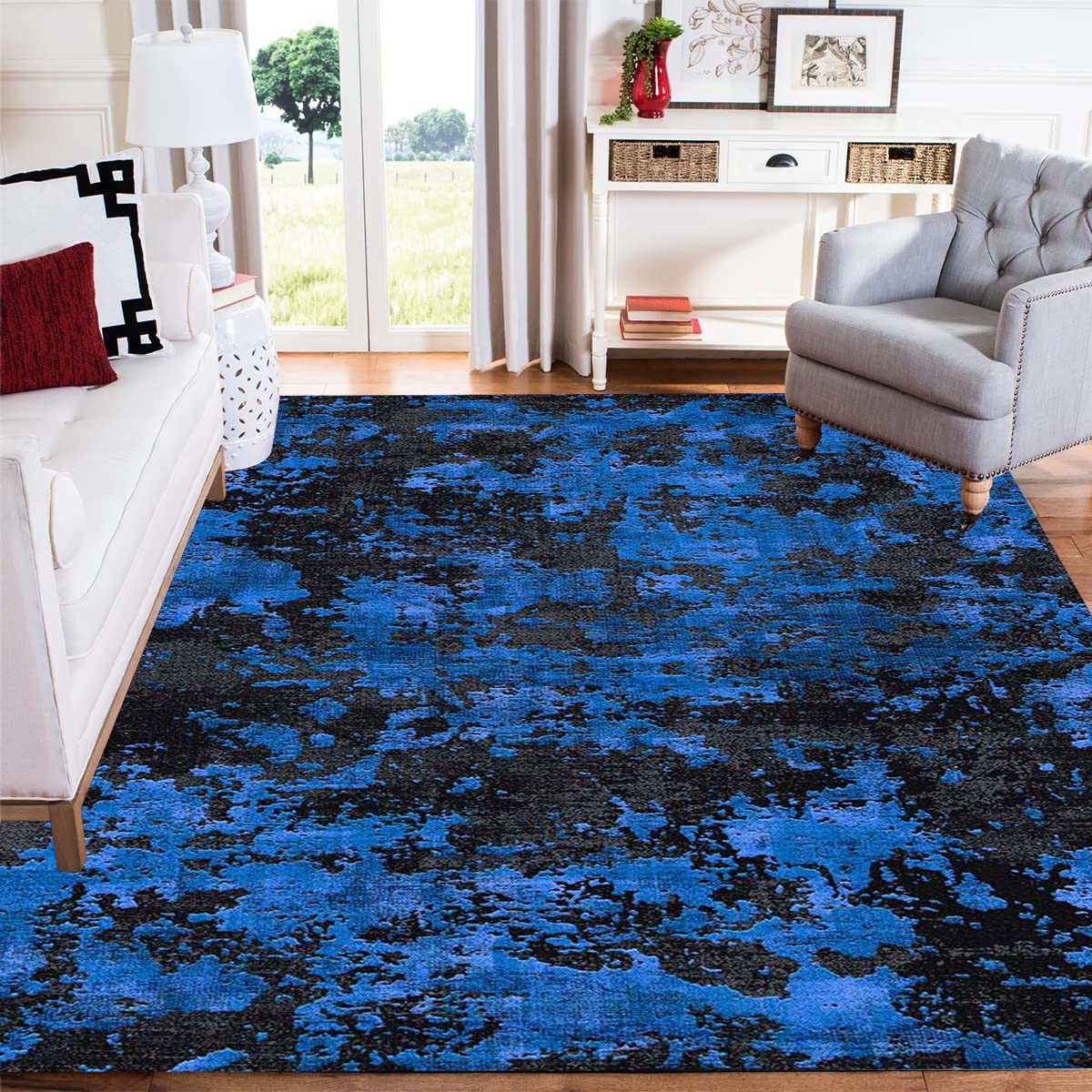 Contemporary Modern Abstract Black Blue Rug for Living Room Bedroom Diningroom Soft Aesthetic Home Office Large Carpet 5x8 Washable Non Slip Kitchen