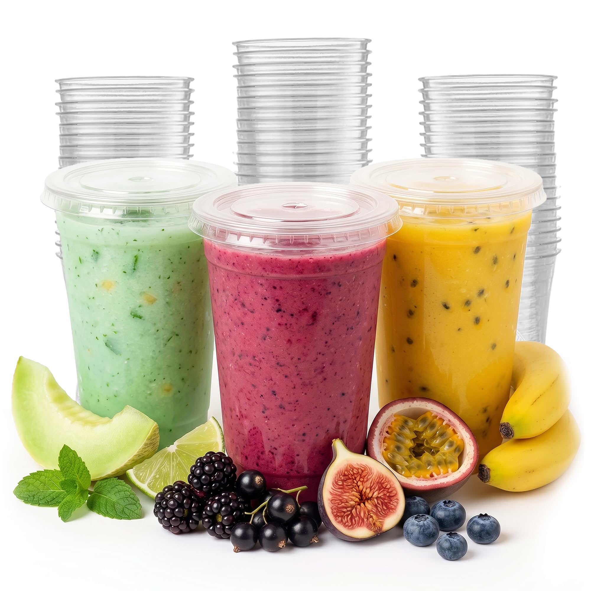 CHEF ROYALE 10x 16oz Clear PET Cups with Flat Lids - Takeaways Great for Smoothies, Milkshakes, Cold Drinks and Slush Puppies - Perfect for Parties, Picnics and More (10, 16oz)