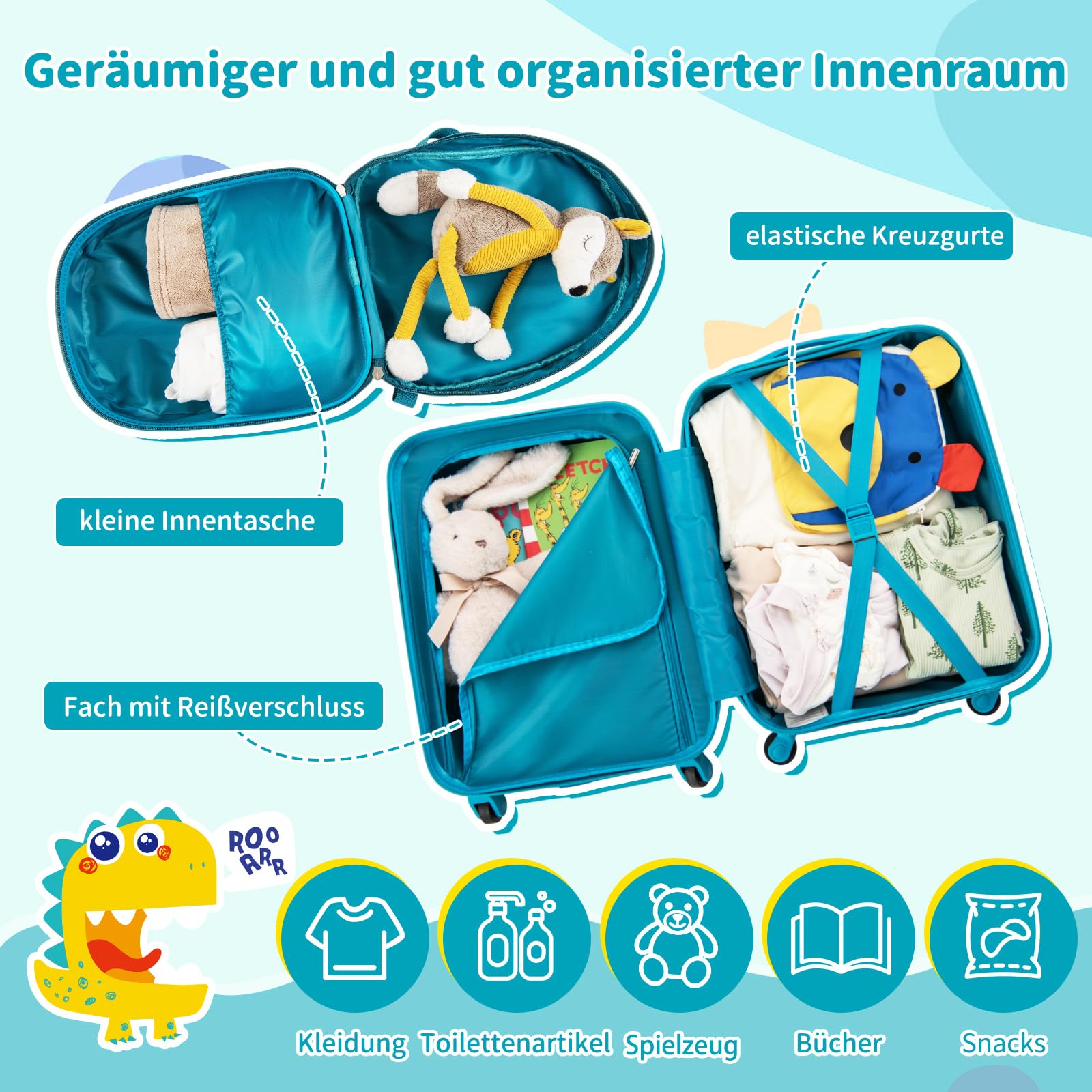 GOPLUS 2 TLG Kinderkoffer mit Rucksack, Kindertrolley mit Rollen, Teleskopgriff, Leichter Kinder Koffer mit Handgepäck, Reisekoffer für Flugzeug, Kindergepäck für Mädchen und Jungen (Türkis)