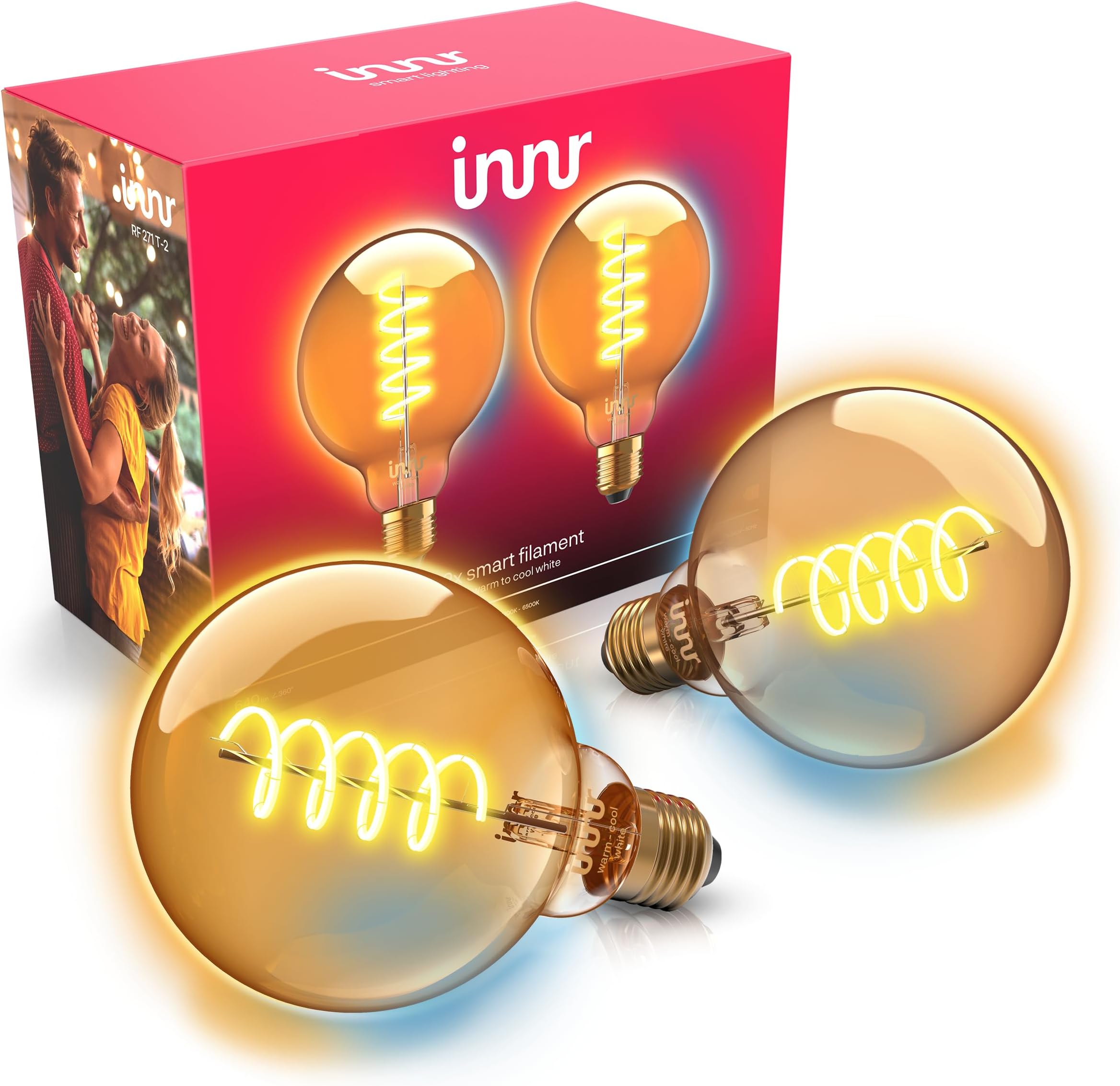E27 Smart Bulb, Zigbee, Works with Hue* and Alexa (Bridge Required), Filament Globe, Warm to Cold White LED Light, Dimmable Bulbs, Lamp, 640 Lumens - 2 Pieces
