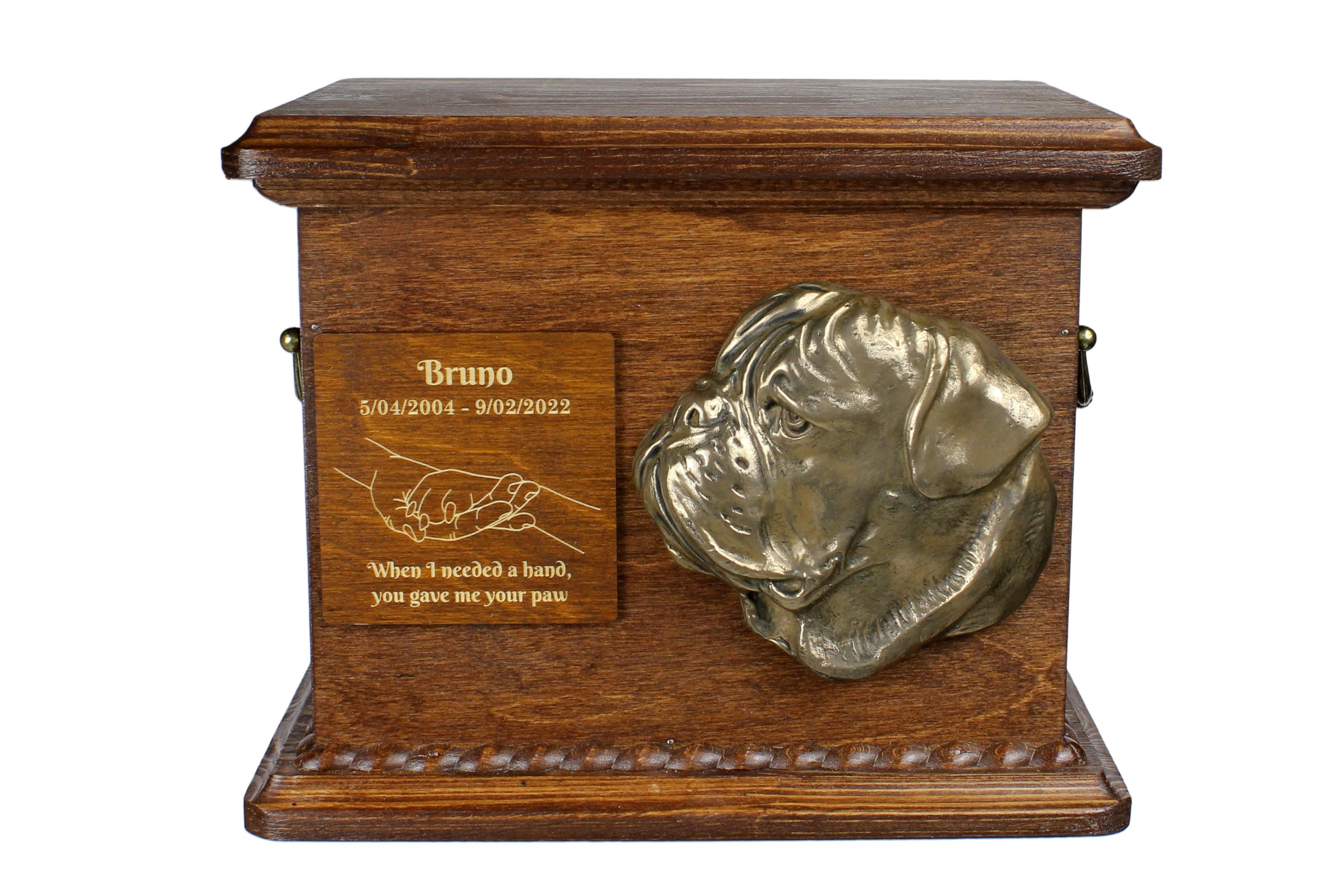 Art-Dog Urn for Dog Ashes - Handmade Memorial with Relief, Personalized Engraving, and Cold Cast Bronze Bust – Custom Pet Memorial Urn – 8.3x11.4x8.7” – Bullmastiff