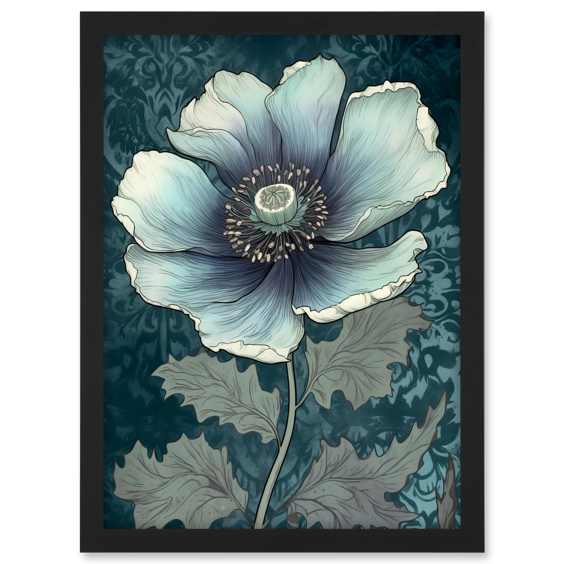 Artery8 Anemone Flower Bloom Teal Blue Watercolour Artwork Framed A3 Wall Art Print