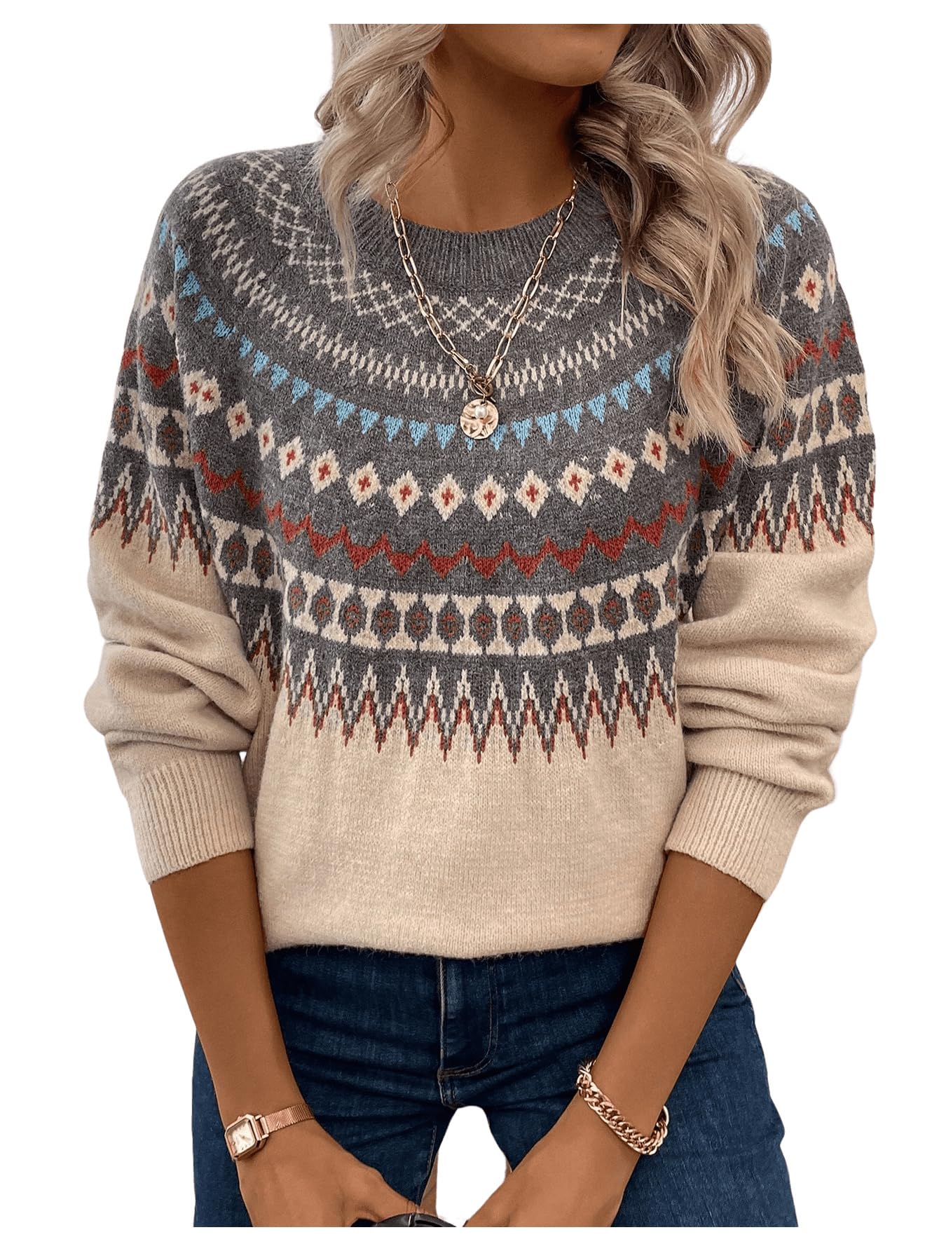 GORGLITTER Womens Fair Isle Sweater Christmas Vintage Cozy Fall Fashion Crewneck Knit Pullover Sweaters Tops