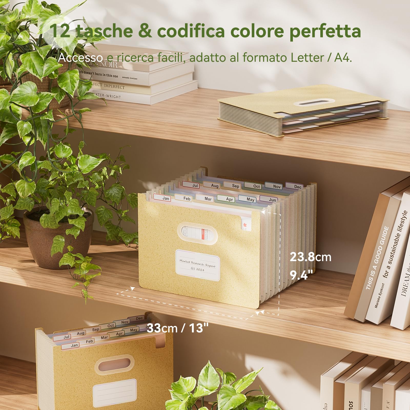 EcoStash Cartella Portadocumenti A4, 12 Tasche Porta Documenti in Paglia di Grano, Raccoglitore Documenti Espandibile, Apertura Superiore, Senza BPA, Ritorno alla Natura, Vita Sana - Giallo Grano