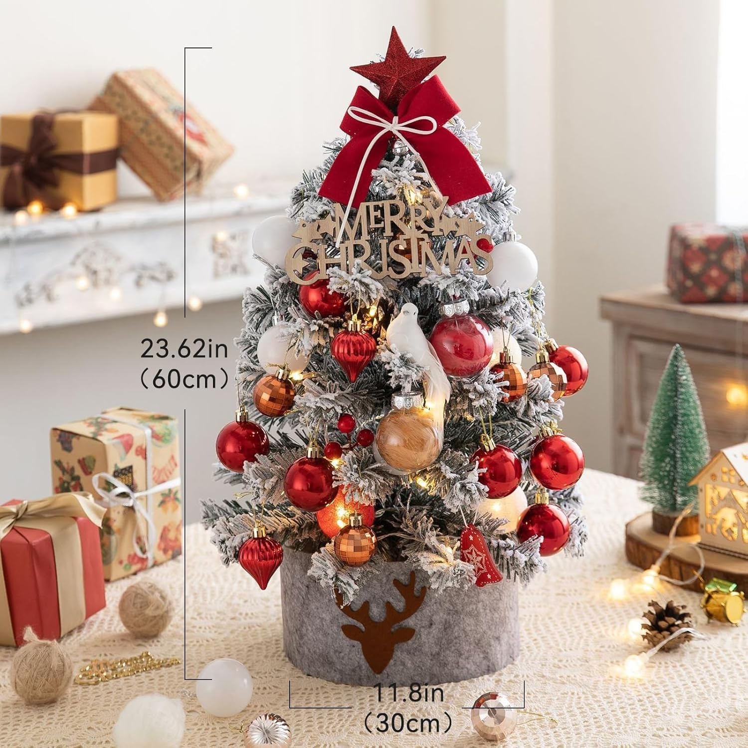 Mini Sapin de Noël Artificiel floqué de 61 cm, Sapin de Table avec décorations suspendues for la décoration de la Maison Pendant Les fêtes. Plantes artificielles(Grey)