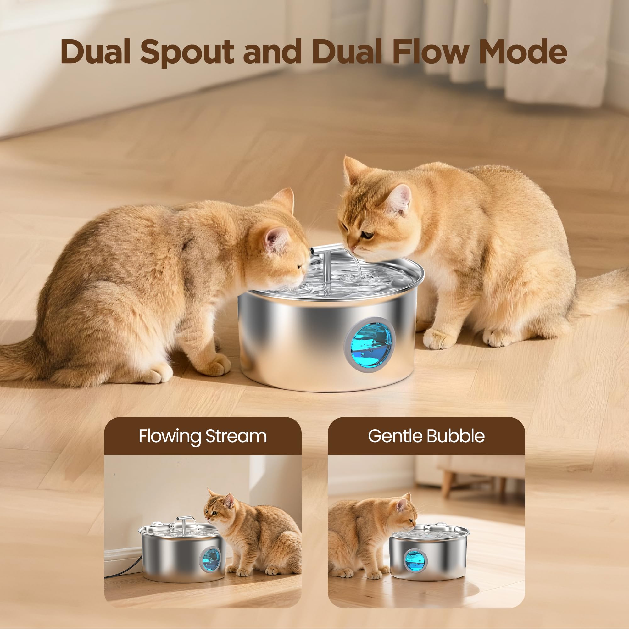 Fontanella Per Gatti Acciaio Inox: 2.6L Fontana per Gatto - Automatico Fontanella Gatto - Super Silenzioso Dispenser Acqua Gatti - 6 filtri a carbone e 3 filtri a schiuma