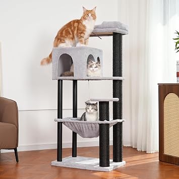 XL Cat Tree for Large Cats 15lbs-53Cat Tower with Sisal Posts | Modern Cat Tree with Large Hammock 23x15Natural Wood Cat Tower with Oversized Top Bed 23Wide for Big and Adult Cats