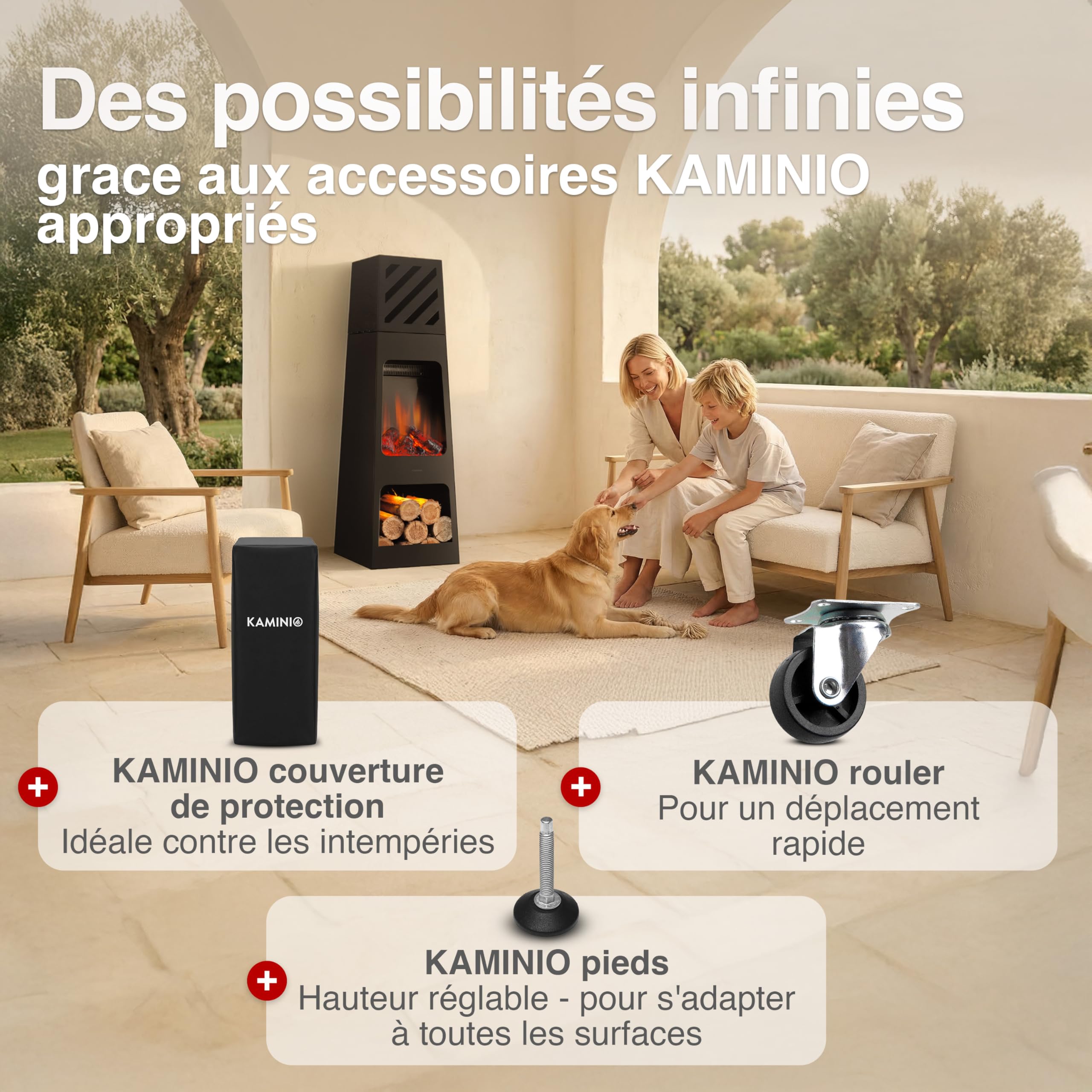 KAMINIO Cheminée électrique de Jardin Kai - Brasero électrique d'extérieur avec Chauffage, Effet de Flamme 3D, lumière d' Ambiance LED, casier à Bois, télécommande (X-Large)