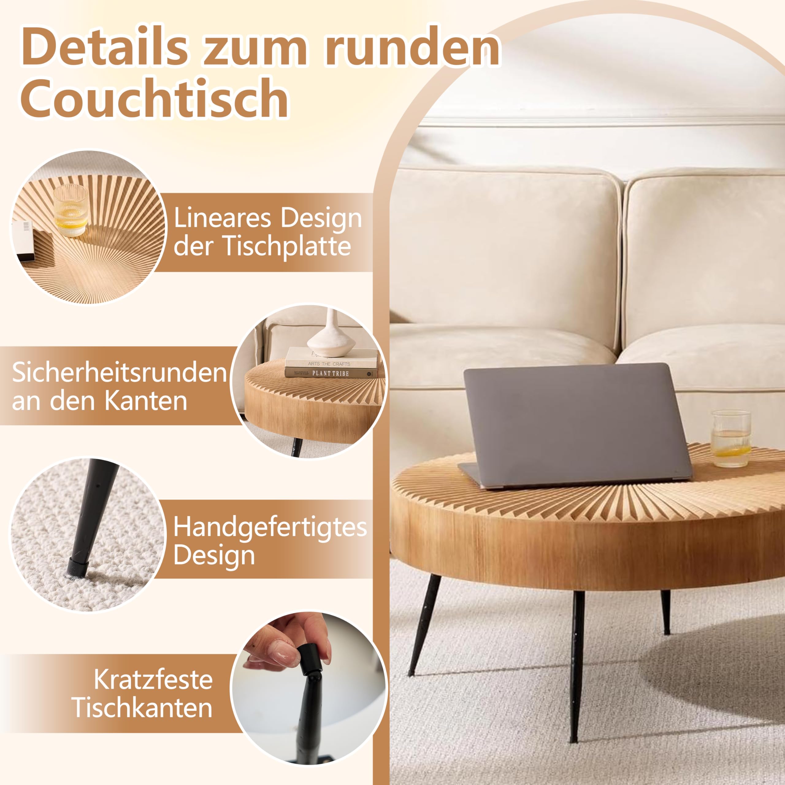 Couchtisch Rund Holz, 2er Set Wohnzimmertisch Rund Holz in linearem Design, Coffee Table Set mit Schwarzen Metallbeinen, Couchtisch im Wohnzimmer, ø77x36cm mit 40x47cm