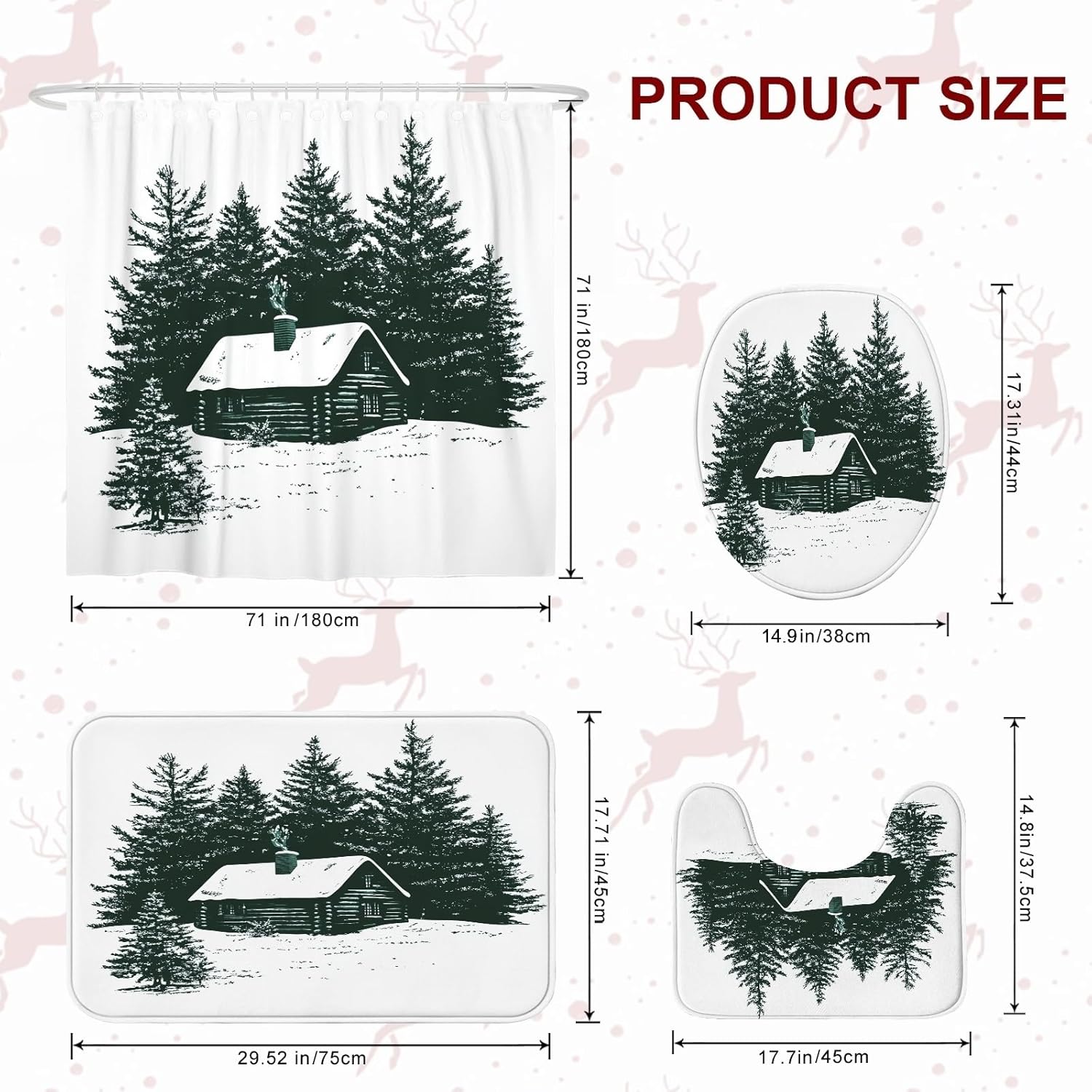 4PCS Winter Farmhouse Christmas Bathroom Sets, Bath with Non-Slip Rug, U Shape Toilet Lid Cover Mat, Vintage Retro Xmas Country Bathroom Decor-72''x72''