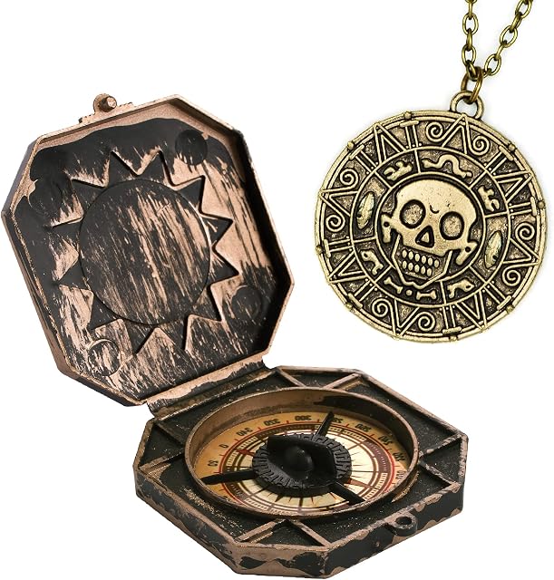 papapanda Pirate Jack Compass Aztec Coin Necklace Set