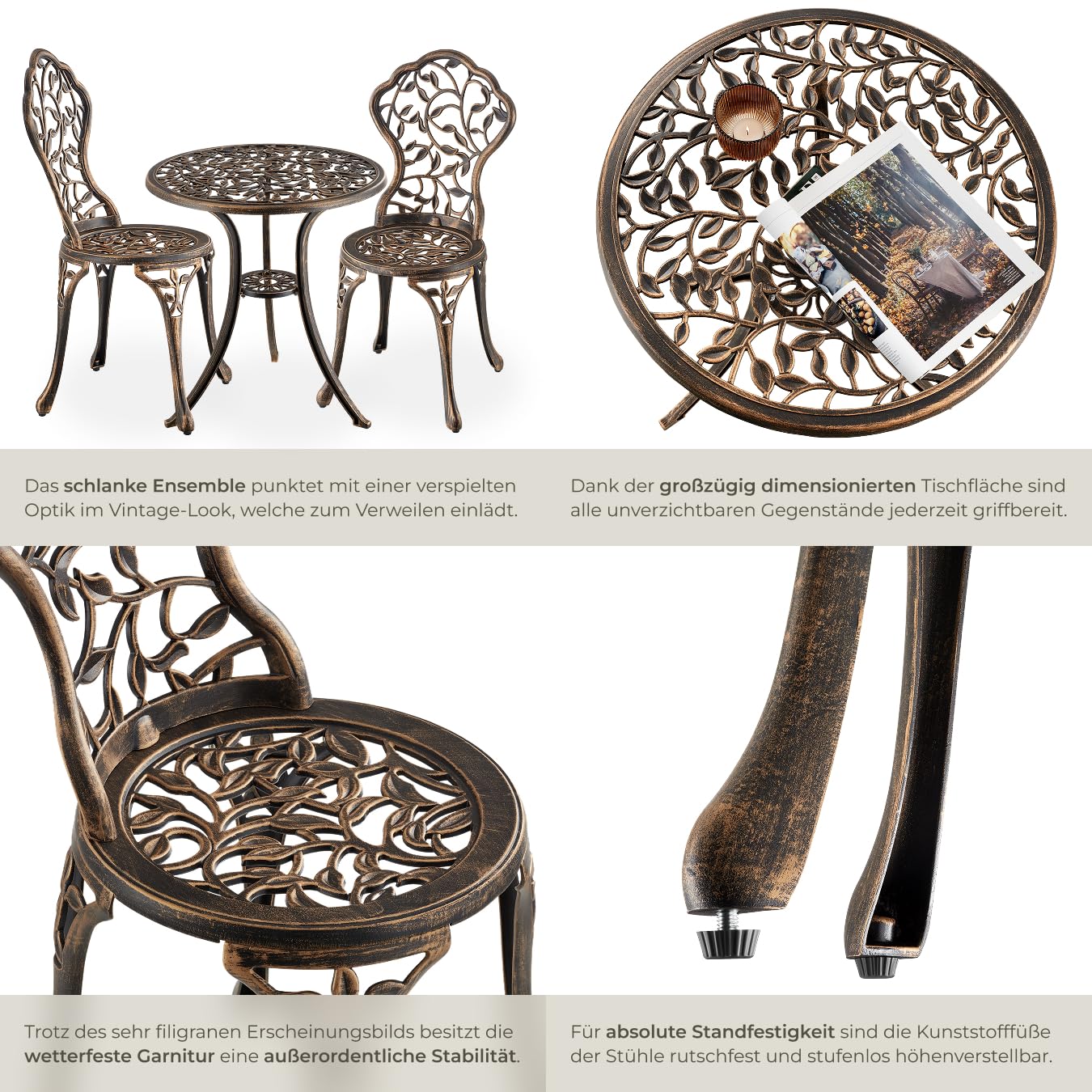 tectake® Aluminium Metall Bistroset Gartenmöbel Set, Bistro Set 1x Balkontisch Beistelltisch Outdoor und 2X Gartenstuhl, Terrassenmöbel, Balkonmöbel Kleiner Balkon, Wintergarten, Gartendeko Vintage