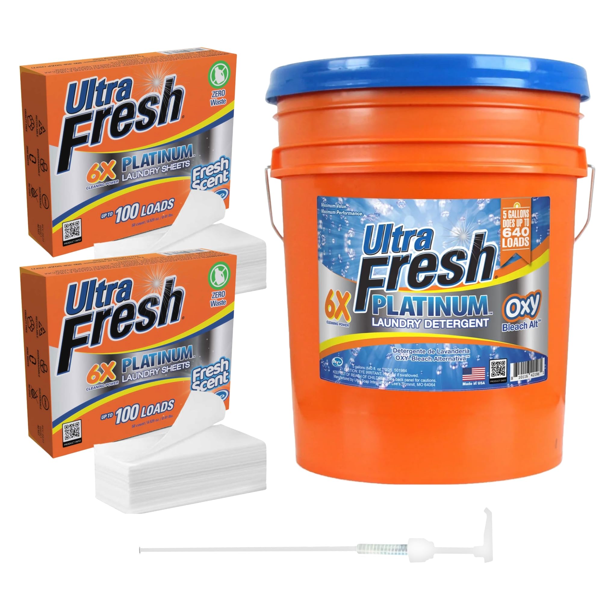Ultra Fresh 6X Platinum Laundry Detergent, Up to 640 Loads, Bleach Alt, 5 Gallon Bundled with Platinum 6X Laundry Detergent Sheets with Fresh Scent