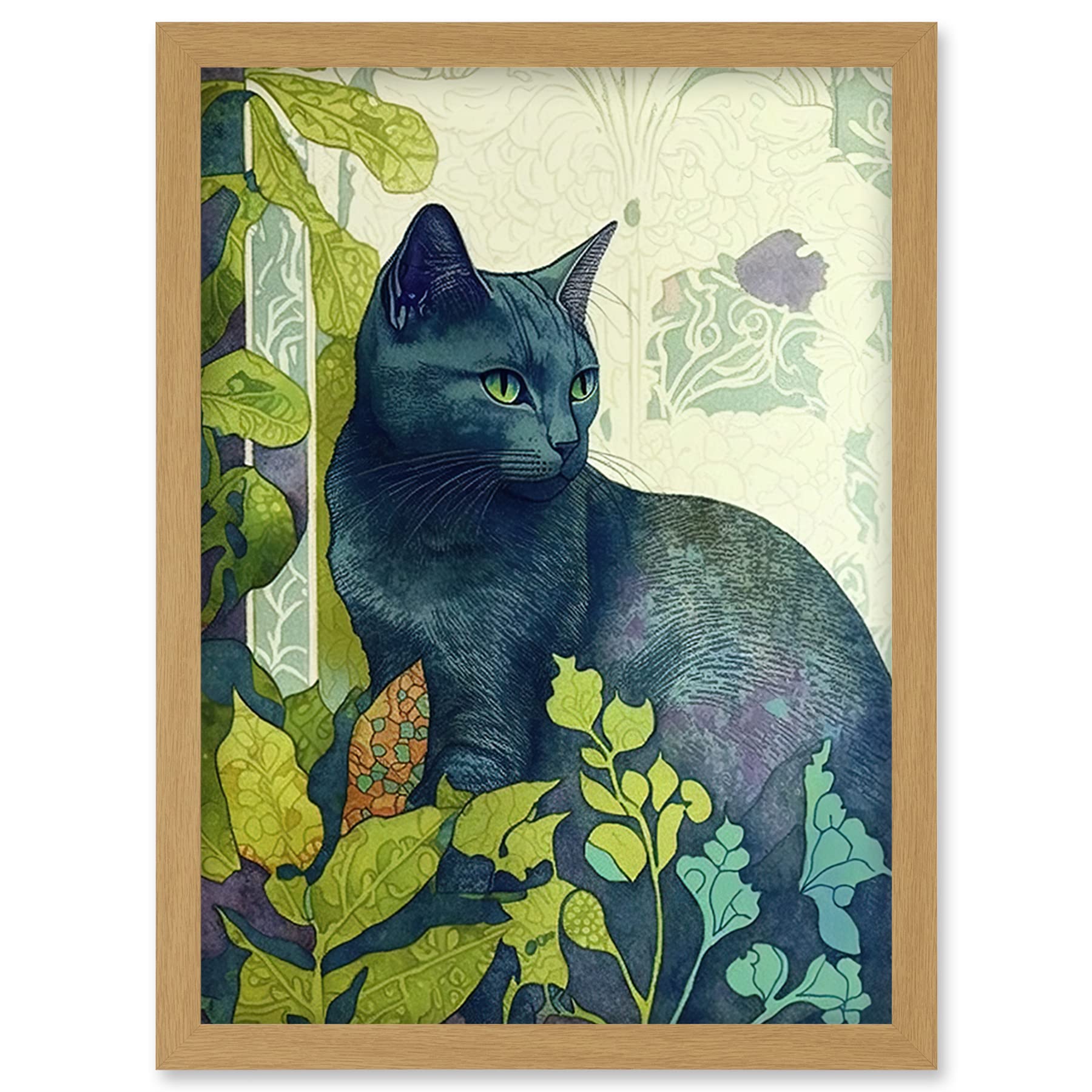 Artery8 Russian Blue Cat with Bright Ornate Plants Modern Art Nouveau Illustration Artwork Framed Wall Art Print A4