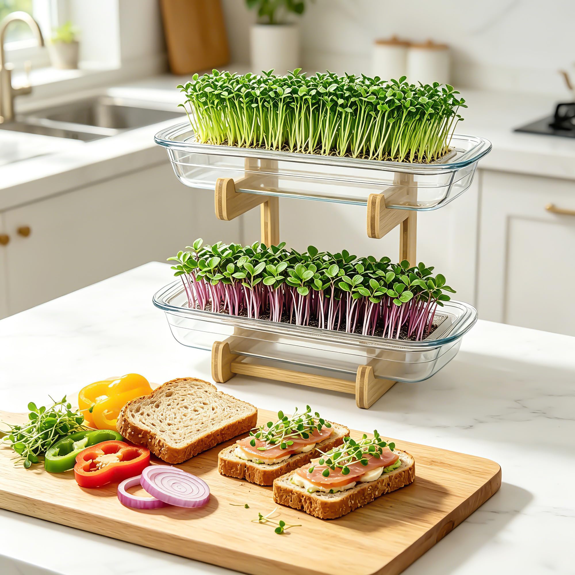 Sprossen Anzuchtset, 2 Böden Microgreens Anzuchtset mit 2 Glas Kresse Anzuchtschalen und Bambusständer, Microgreens Starter Set für Kressesamen, Sprossen, Brunnenkresse