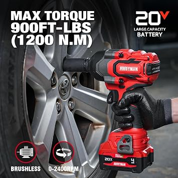 Cordless Impact Wrench, 900Ft-lbs (1200N.m) 1/2 Brushless Impact Gun, 20V High Torque Power Impact Driver, 2x4.0Ah Batteries,Brushless Motor 2400 RPM Variable Speeds for Family Car/Pickup Truck/Mower
